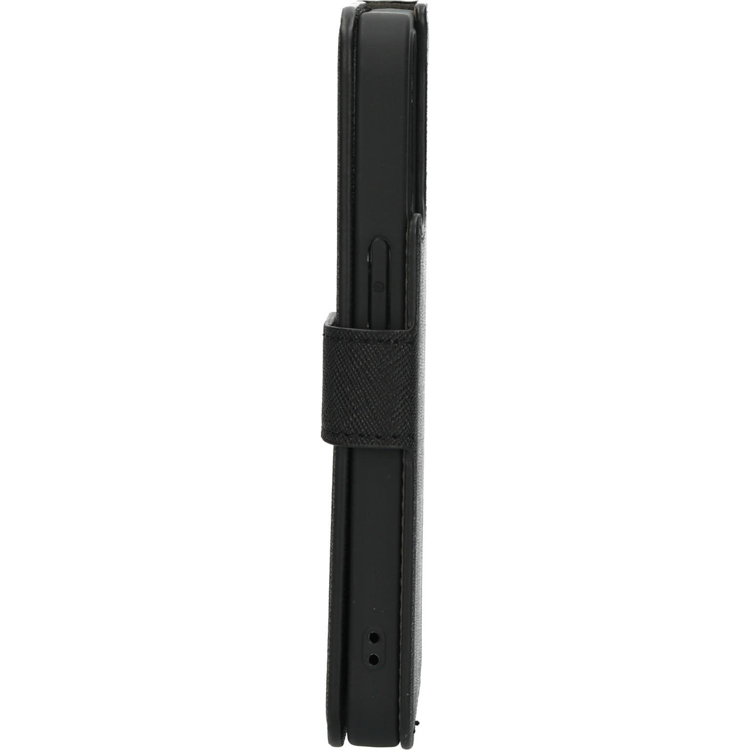 Zwarte telefoonhoes zijaanzicht, met een riem.