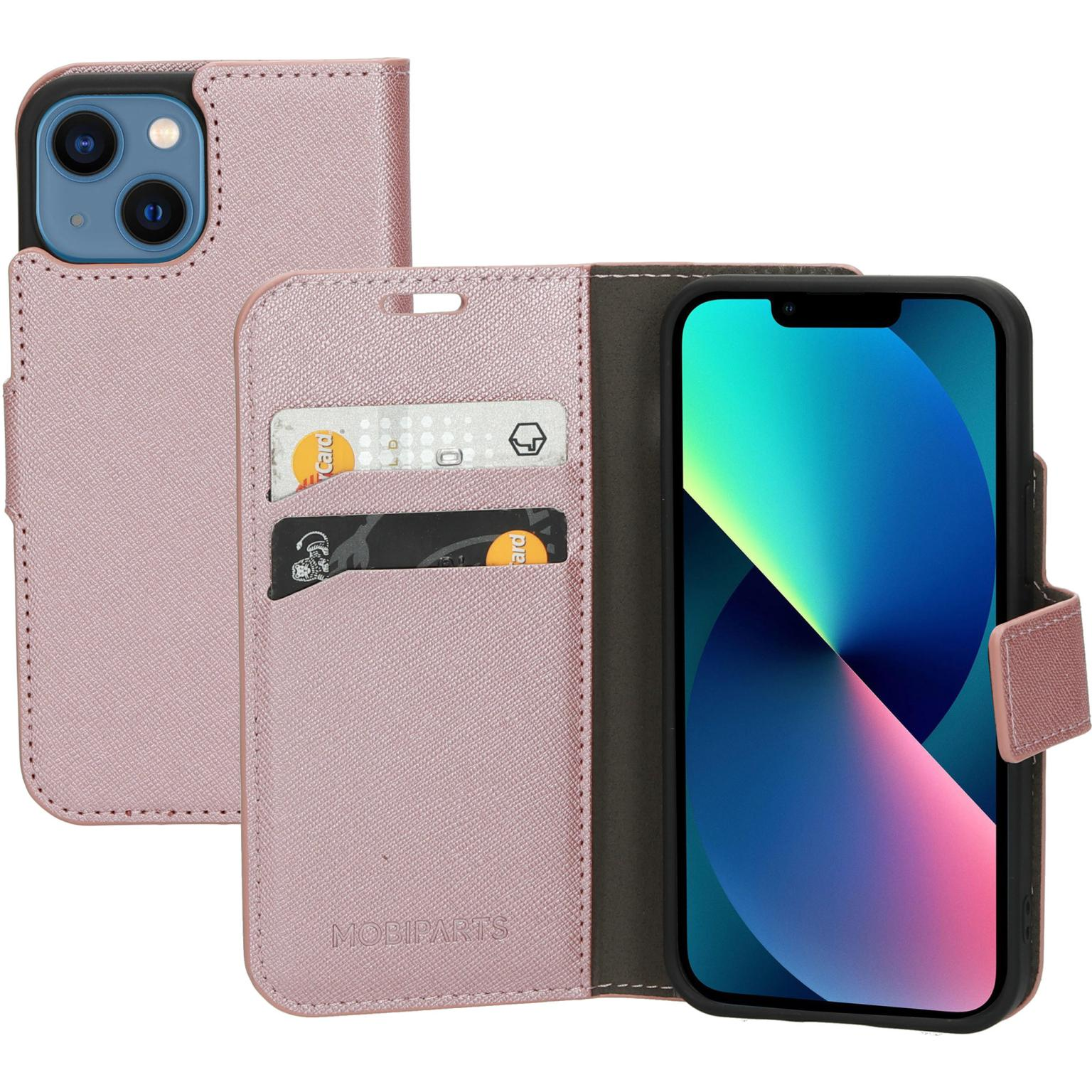 Roze telefoonhoesje met iPhone, kaarten zichtbaar. Geopend om de telefoon en sleuven te onthullen.