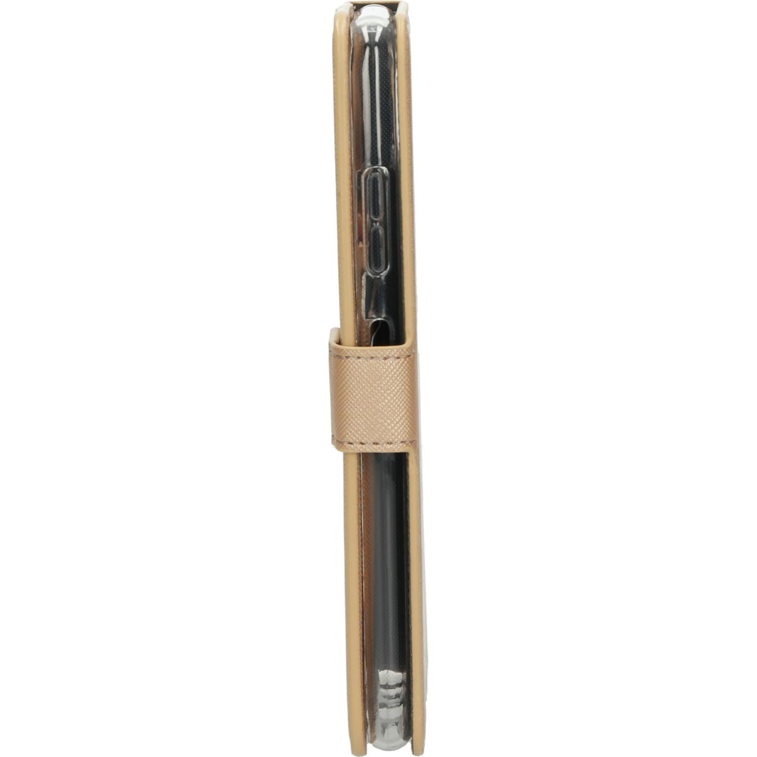 Een telefoon in een gouden case, zijaanzicht. De case is gesloten en heeft een bandje.