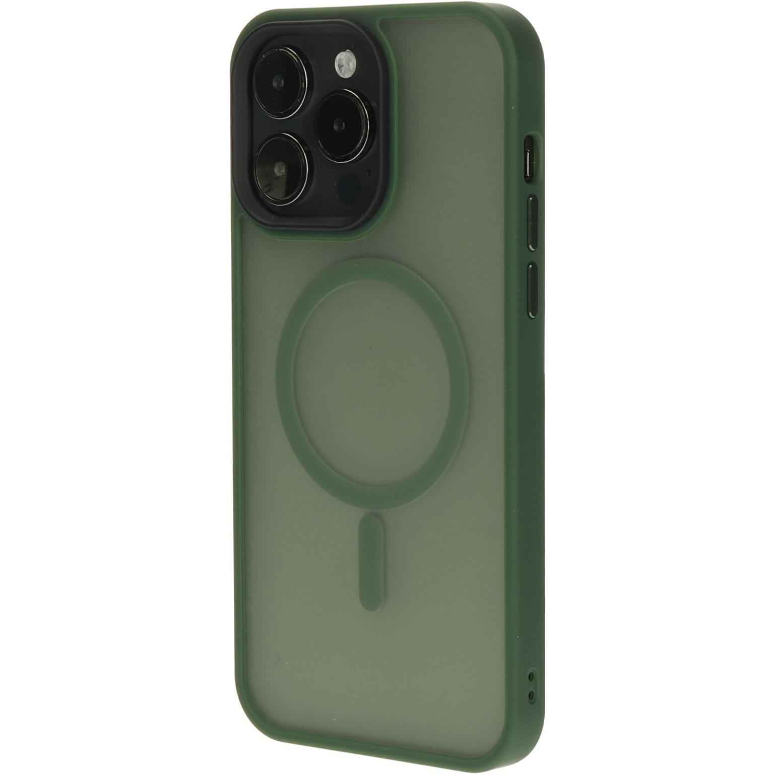 Groene telefoonhoes met een cirkel op de achterkant. De hoes is verticaal.