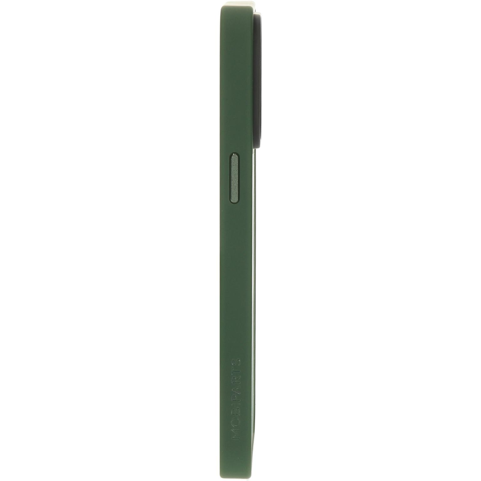 Een telefoon in een donkergroene hoes, zijaanzicht.