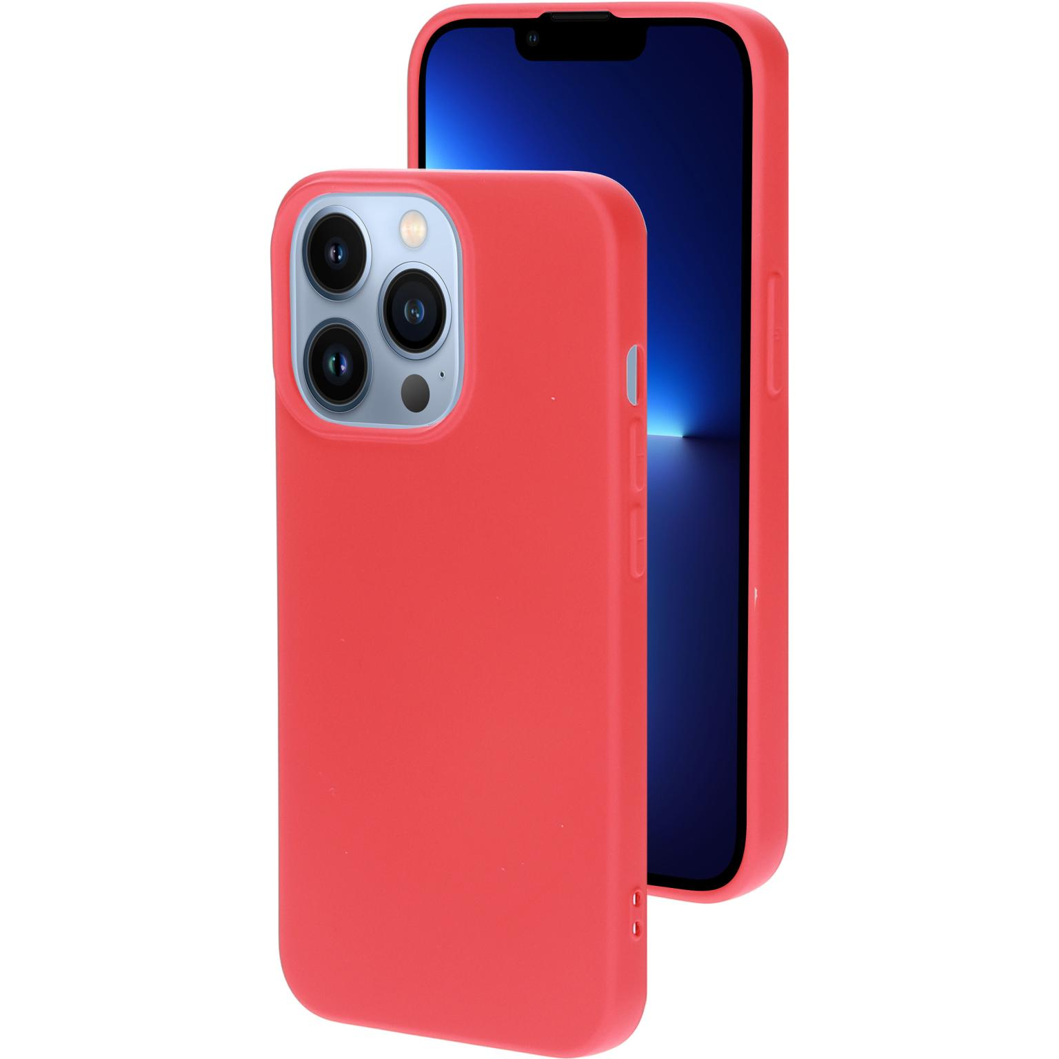 Rode telefoonhoes met twee telefoons erin. Eén telefoon toont het scherm.