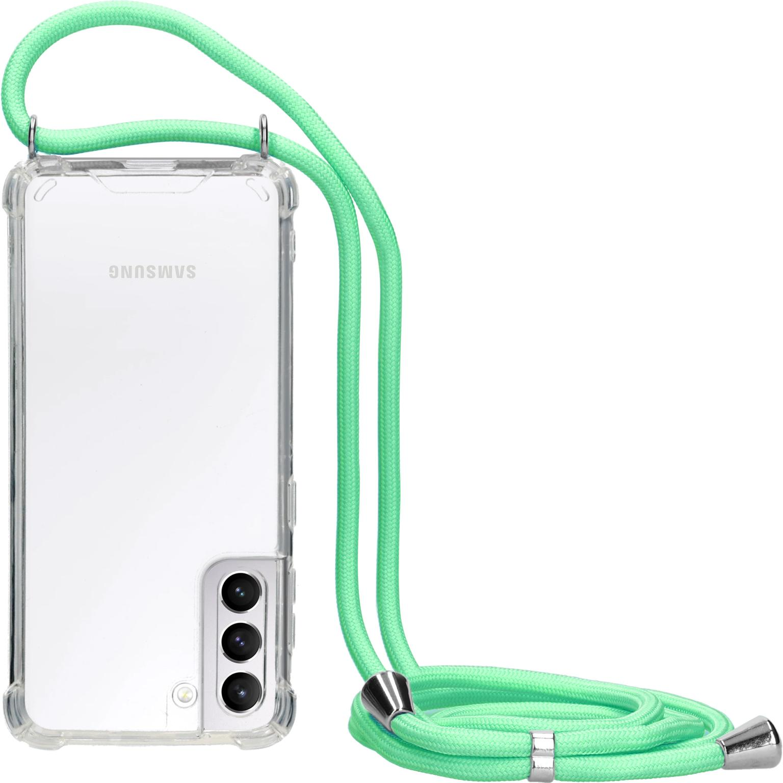 Transparante telefoonhoes met een groene riem. De hoes is verticaal.
