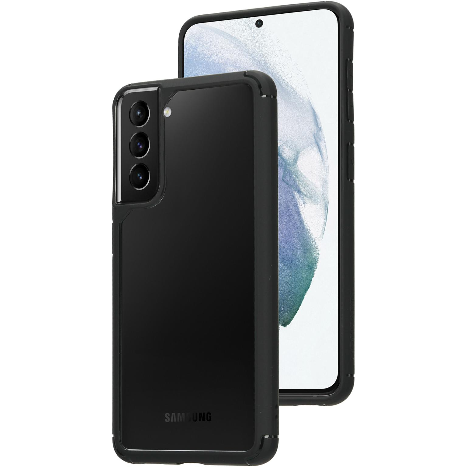 Een zwarte telefoon en een zwarte hoes, beide met meerdere camera's.