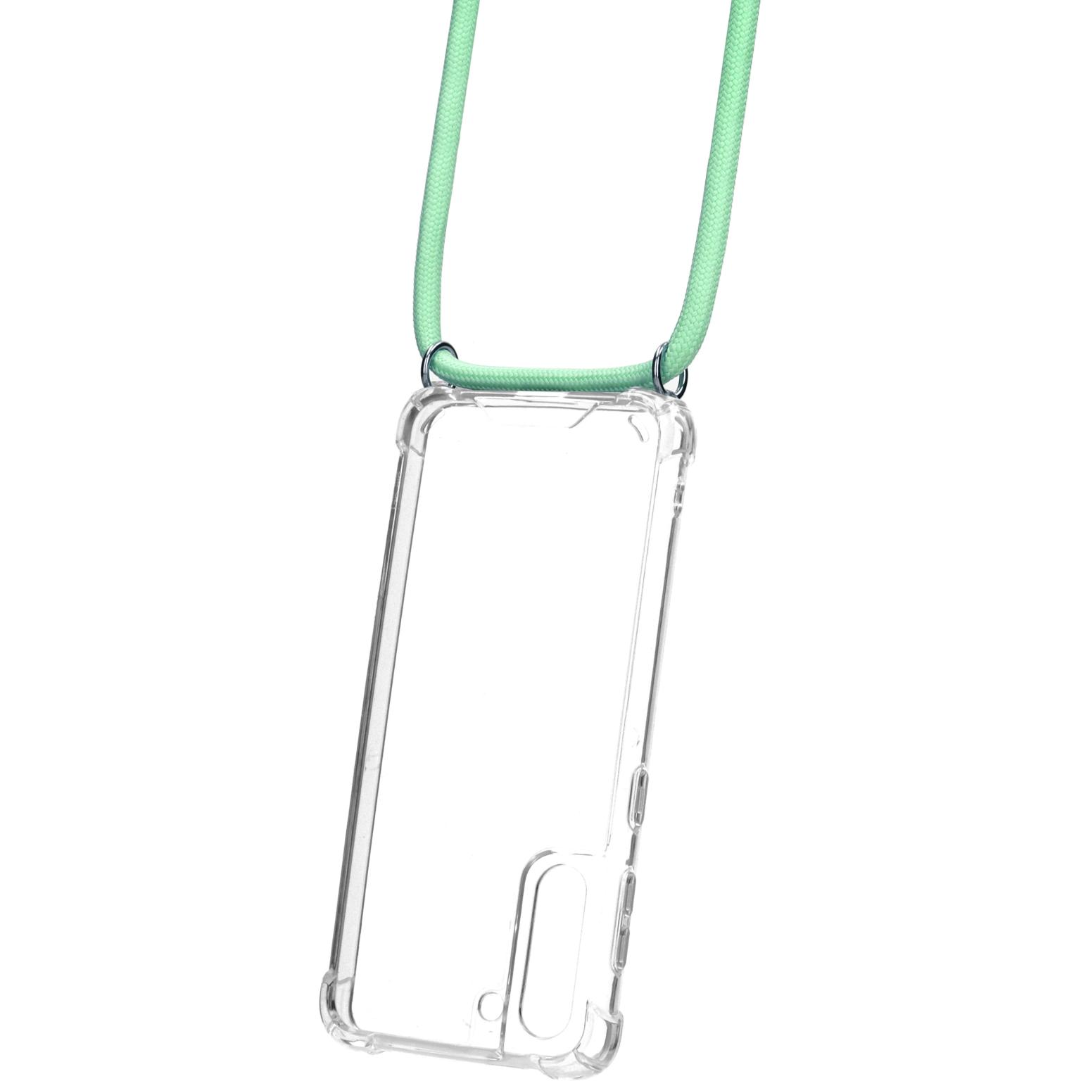 Een doorzichtige telefoonhoes met een groen koord. Het koord is bevestigd en in een lus.