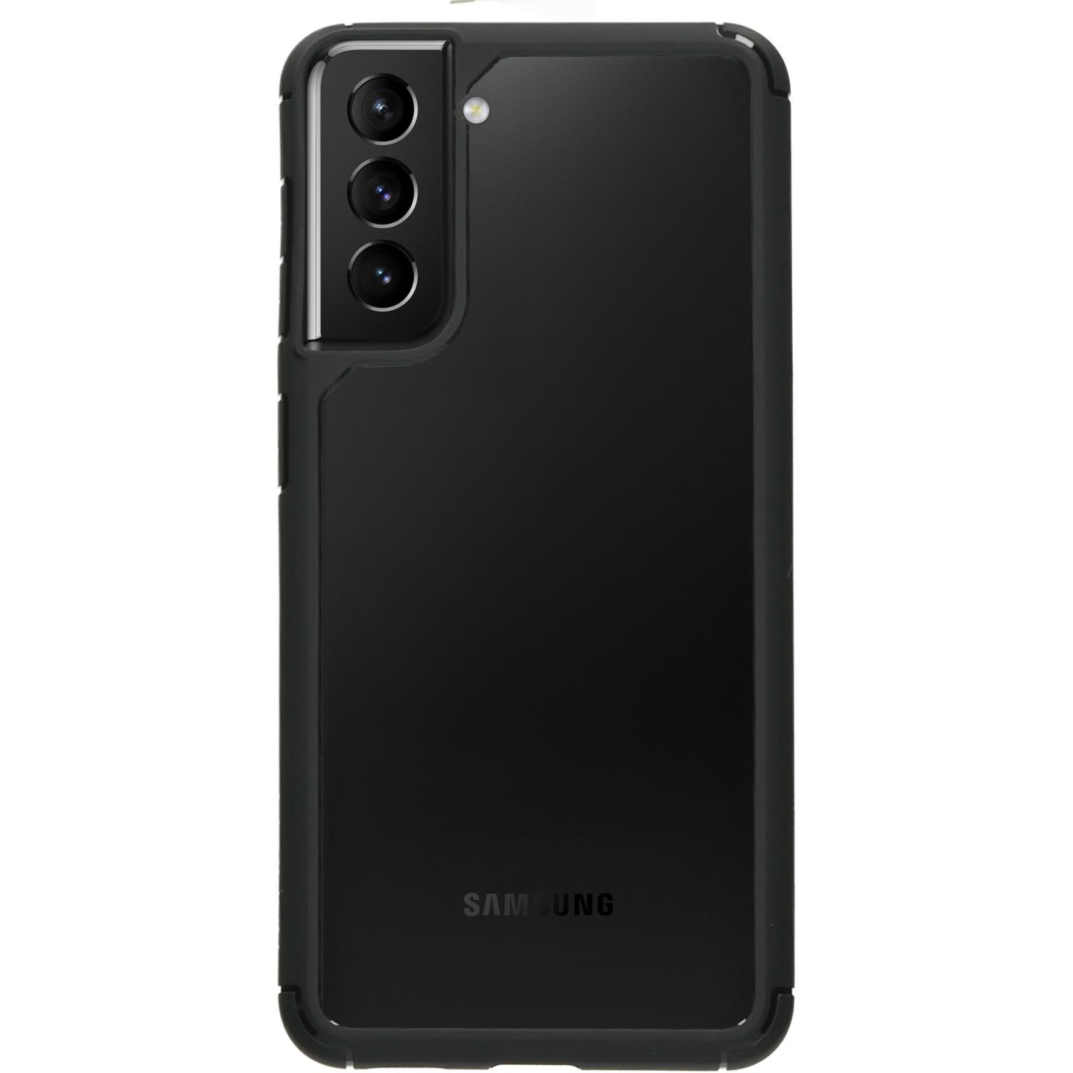 Zwarte telefoonhoes op een Samsung-telefoon. Het heeft drie camera's en het Samsung-logo.