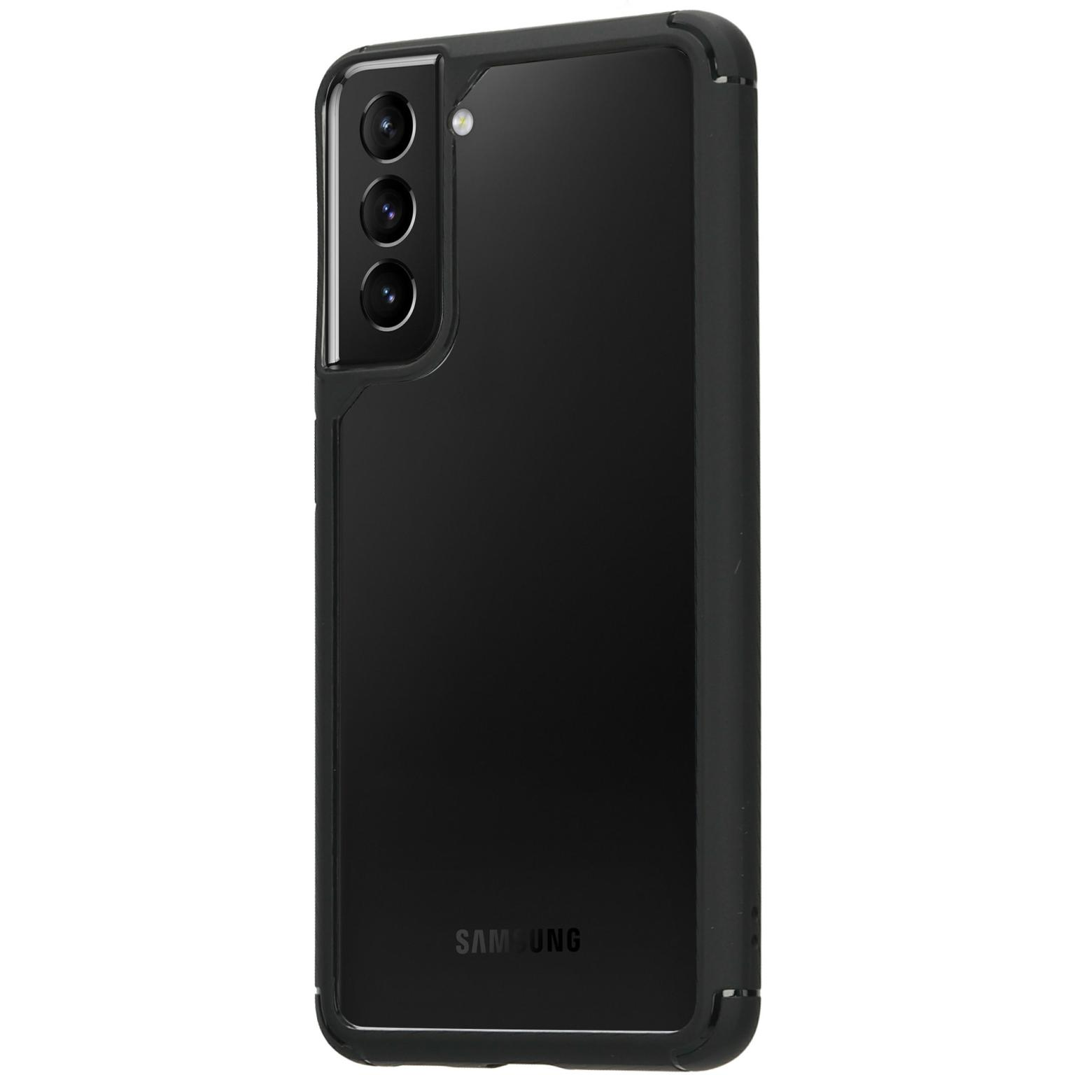 Zwarte telefoonhoes met drie camera's aan de achterkant. De telefoon is zwart.