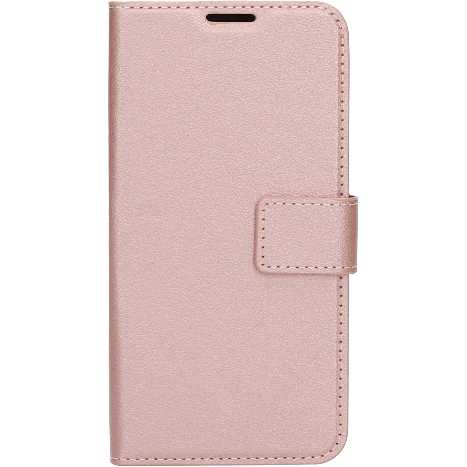 Roze telefoonhoes, gesloten, met magnetische sluiting. Witte achtergrond.