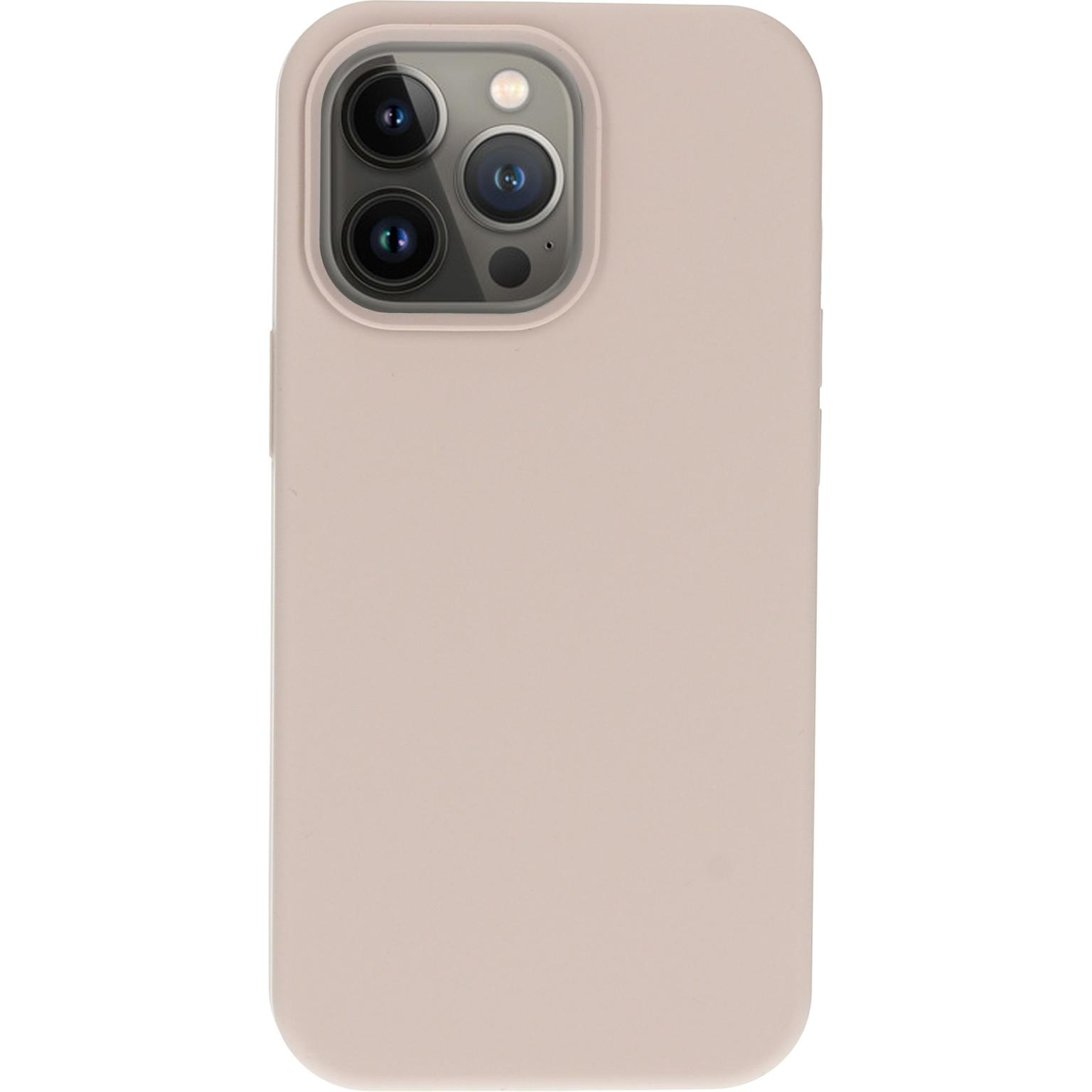 Beige telefoonhoes met drie camera's. De telefoon zit in de hoes.