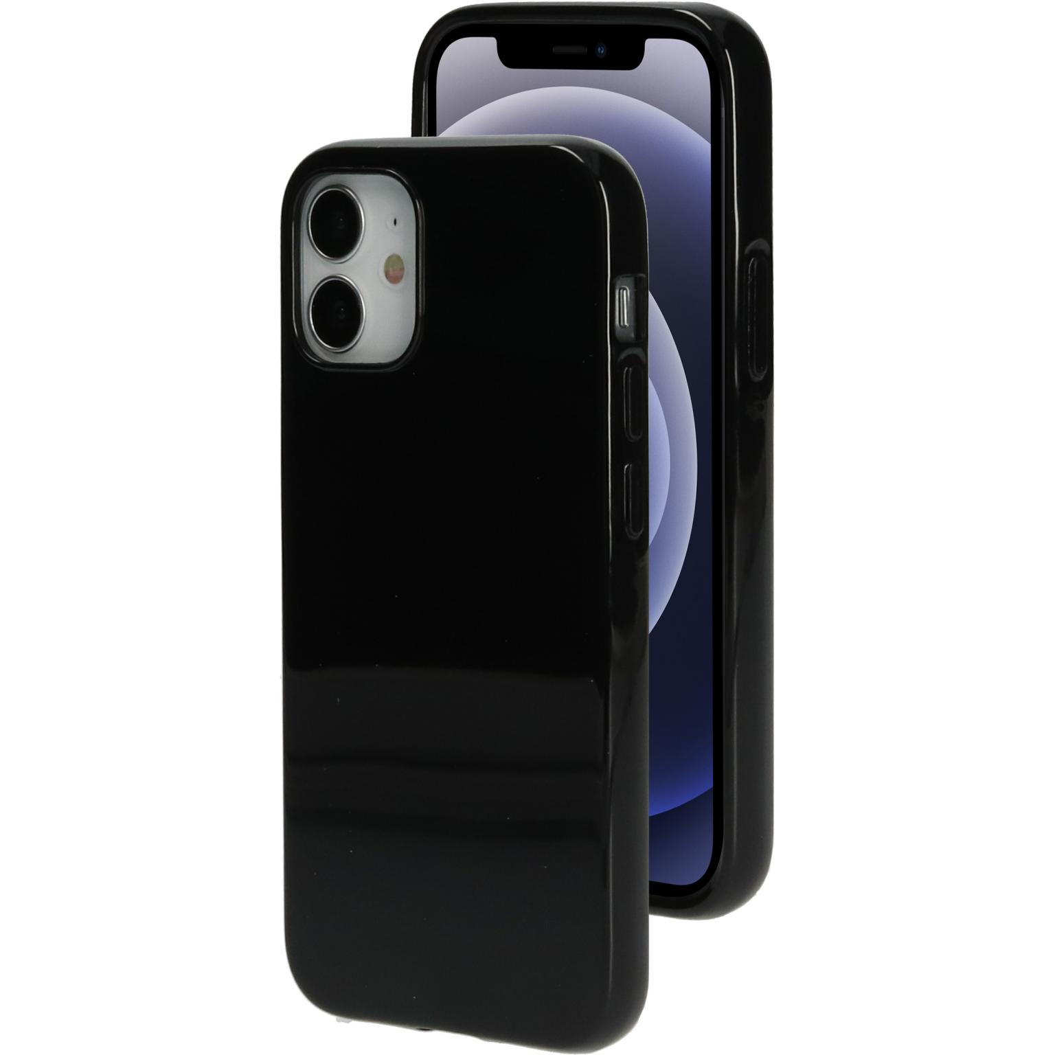 Een zwarte telefoon en hoes, de telefoon toont een beginscherm.