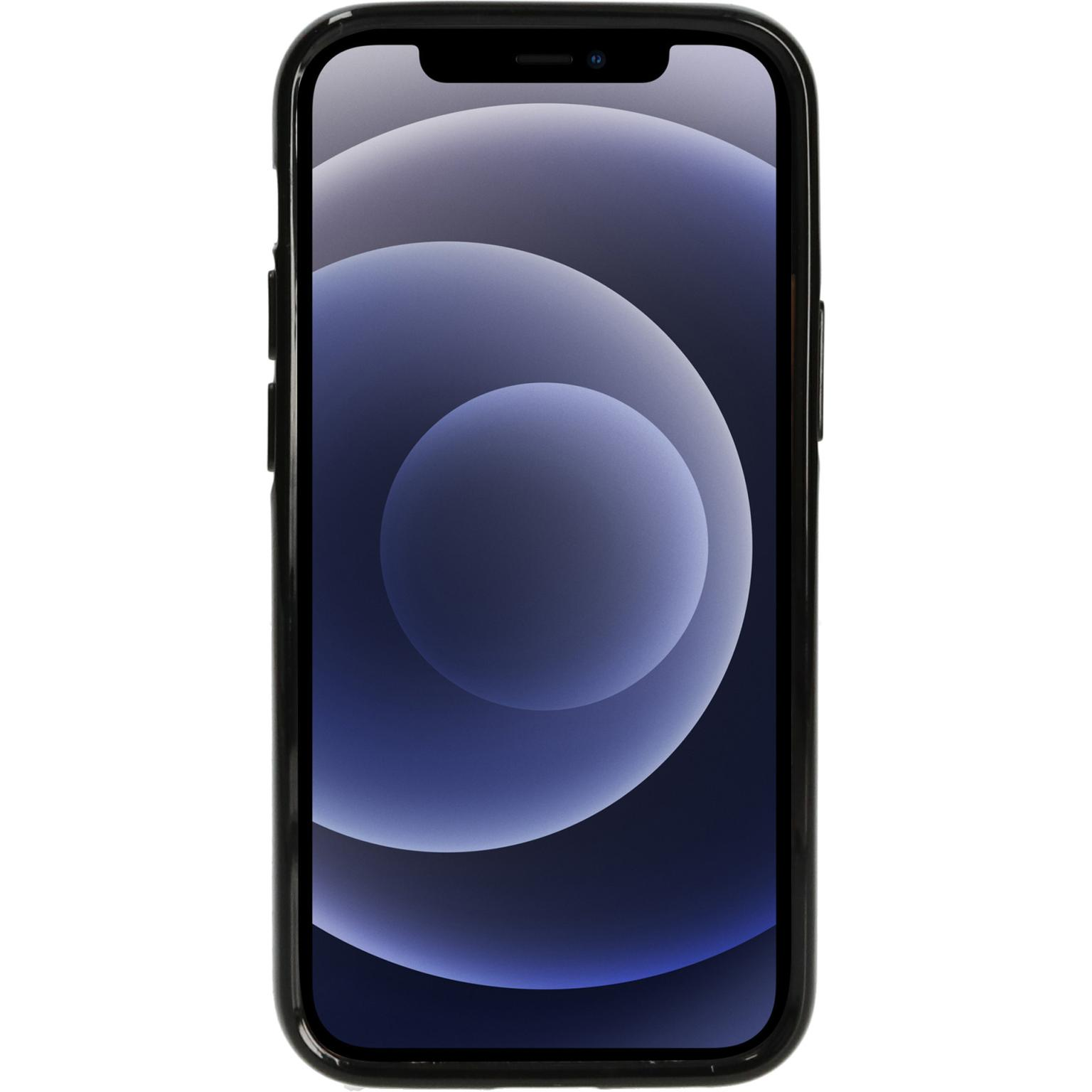 Zwarte telefoon met een scherm met een cirkelvormig ontwerp met tinten blauw en paars.