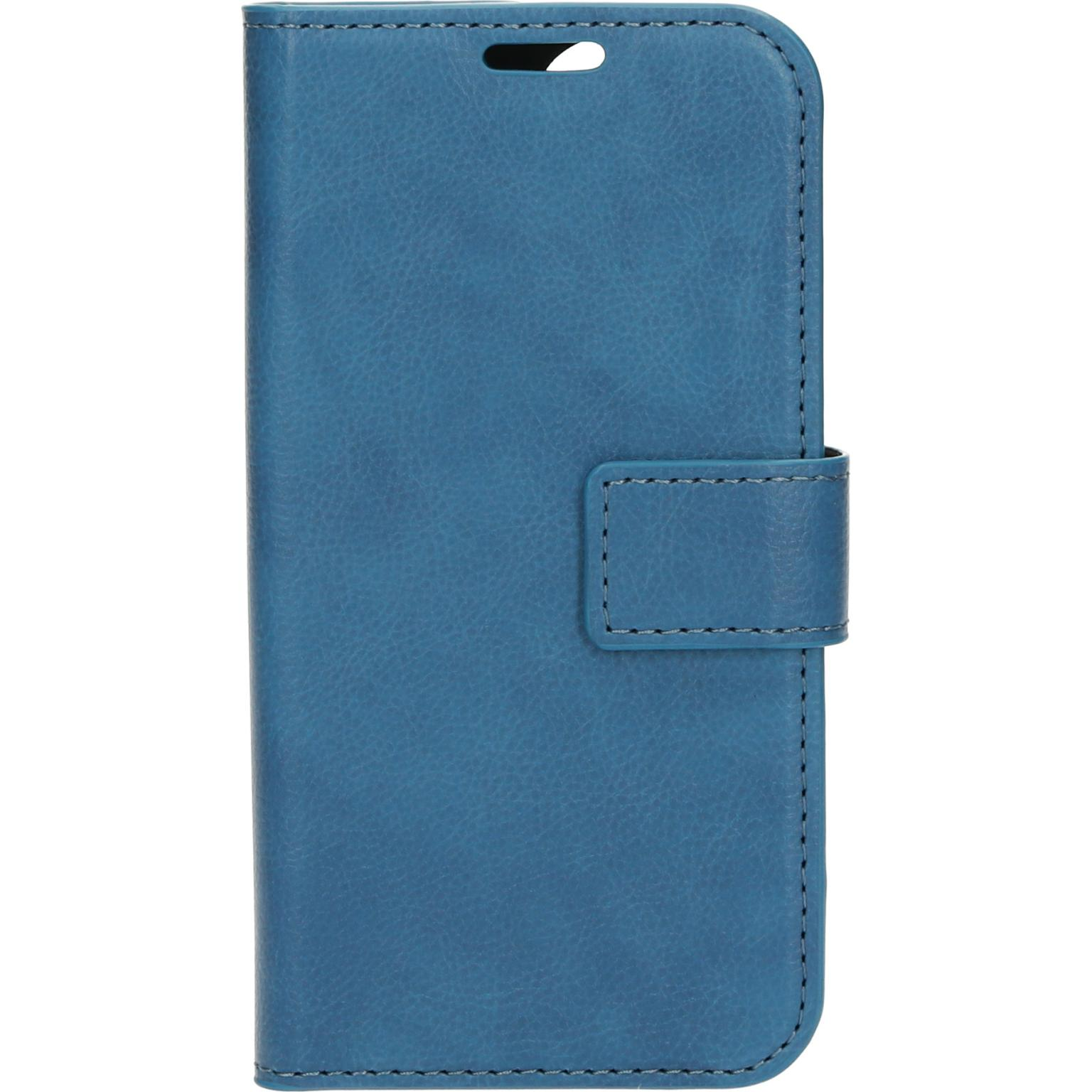 A blue leather phone case. The case is closed. The phone case has cards inside.