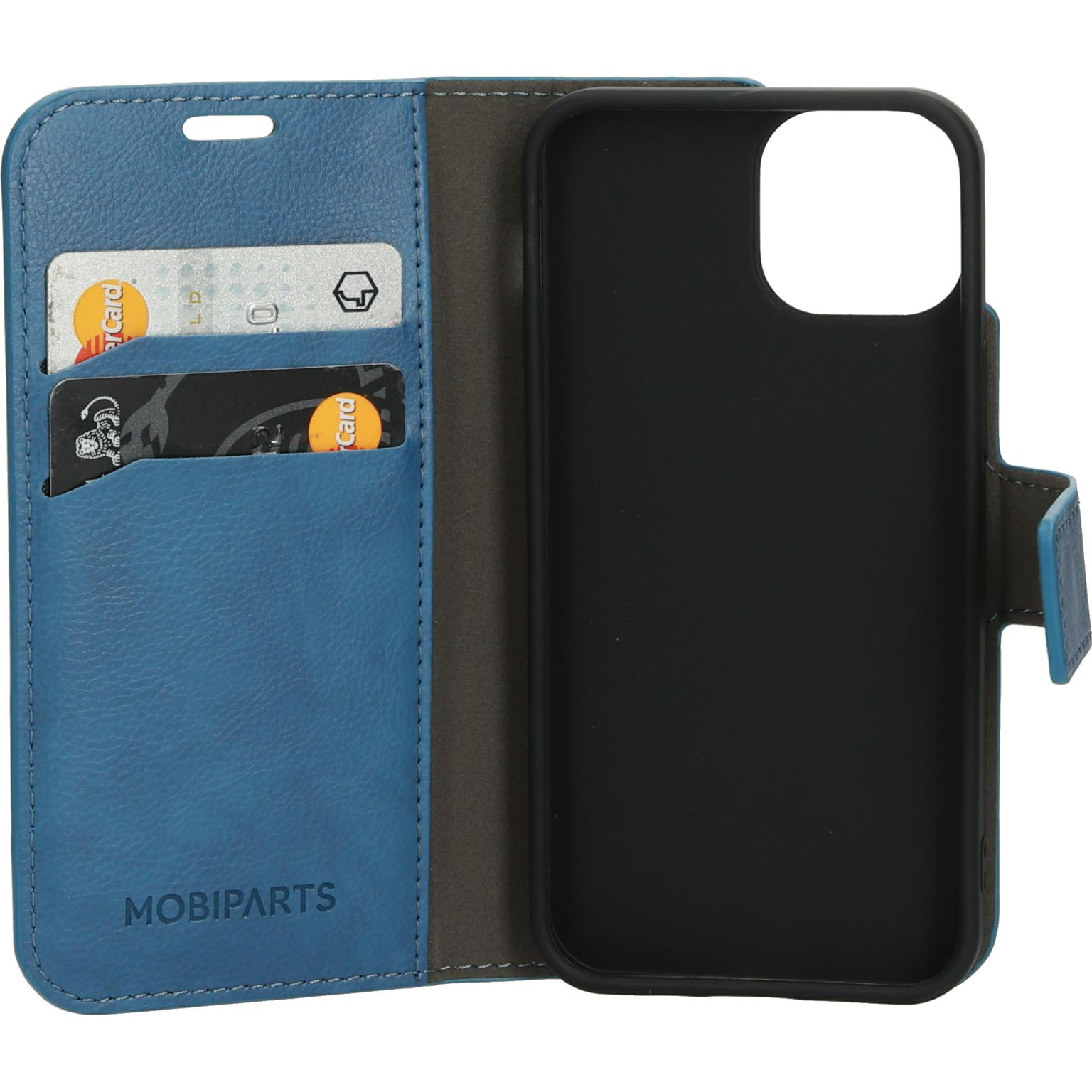 Blue phone case with cards, black interior, and MOBIPARTS logo.