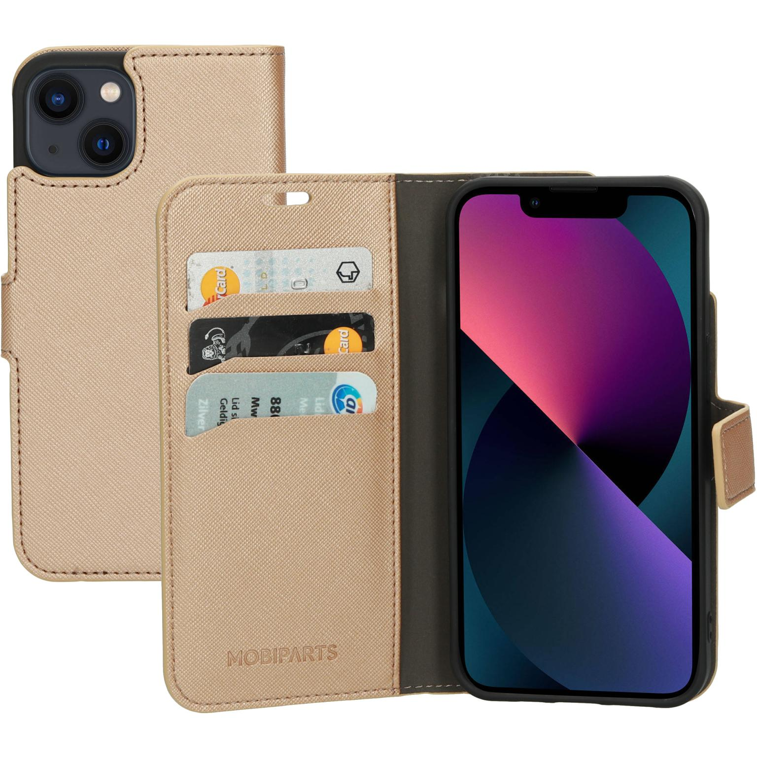 A phone case, open, with cards inside and a phone.