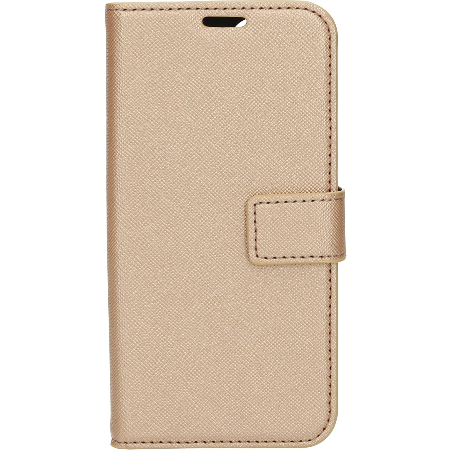 Gold phone case with a magnetic flap and a stitched border. It is closed and plain.