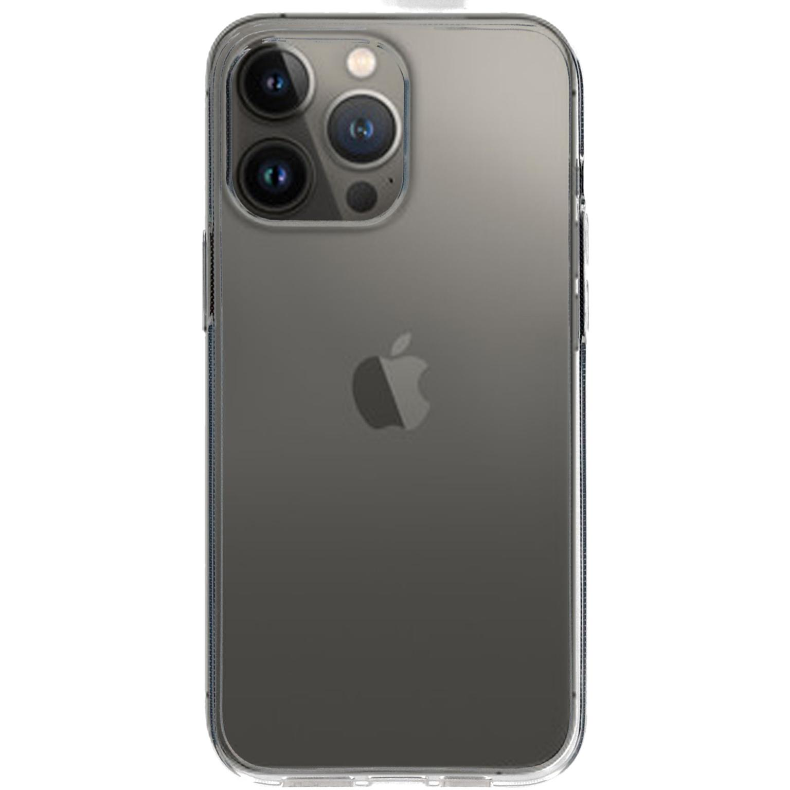 Back of a phone in a clear case. The phone is gray with a black camera area and an Apple logo.