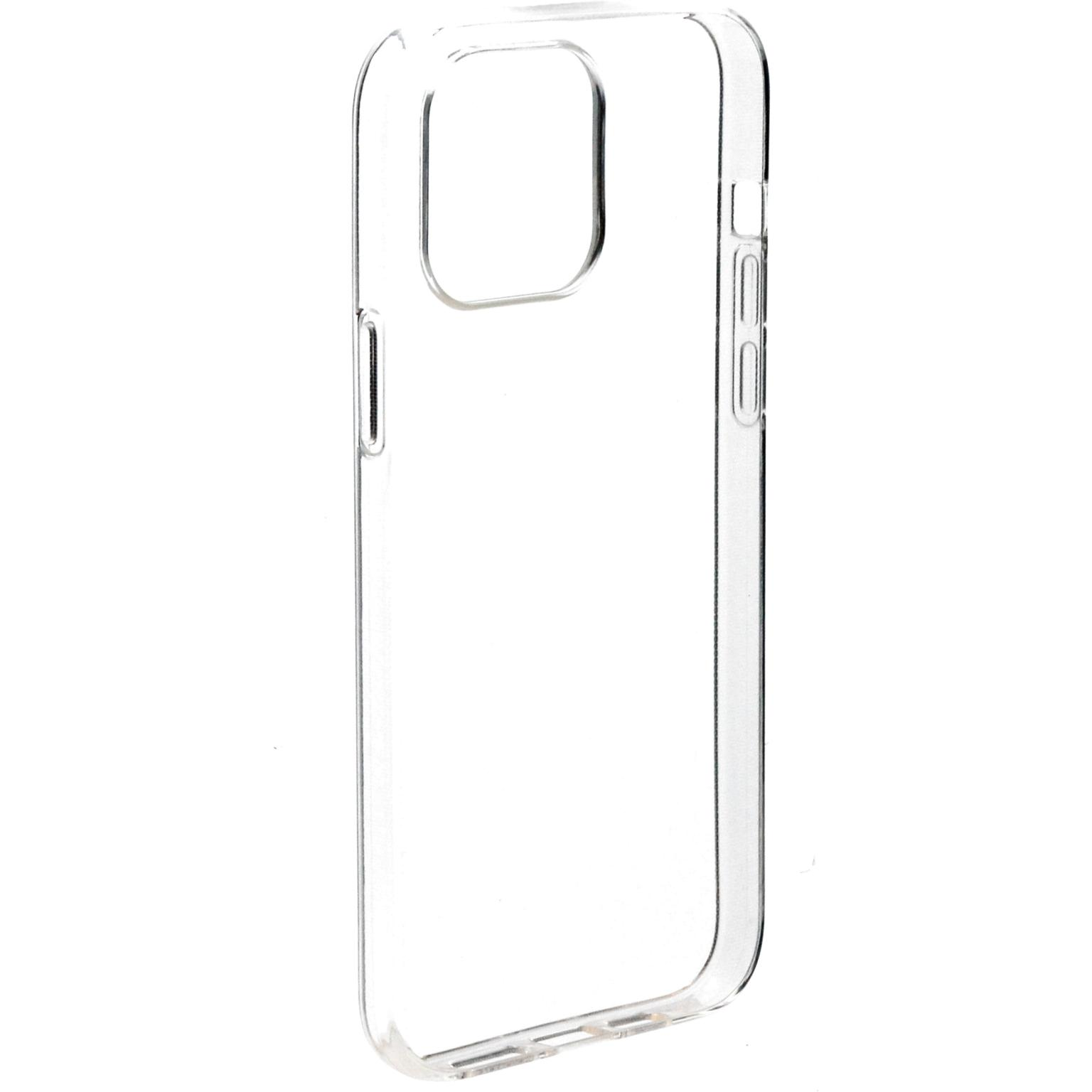 A clear phone case. The case is empty and has a camera hole. It has a hole for the power button and volume buttons.