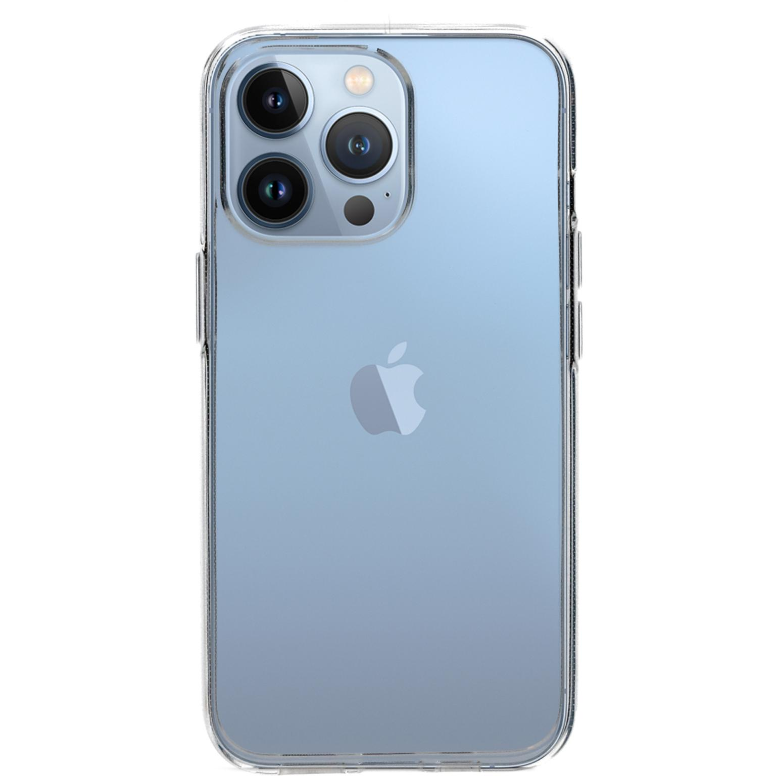 Clear phone case on light blue phone. Three cameras visible.