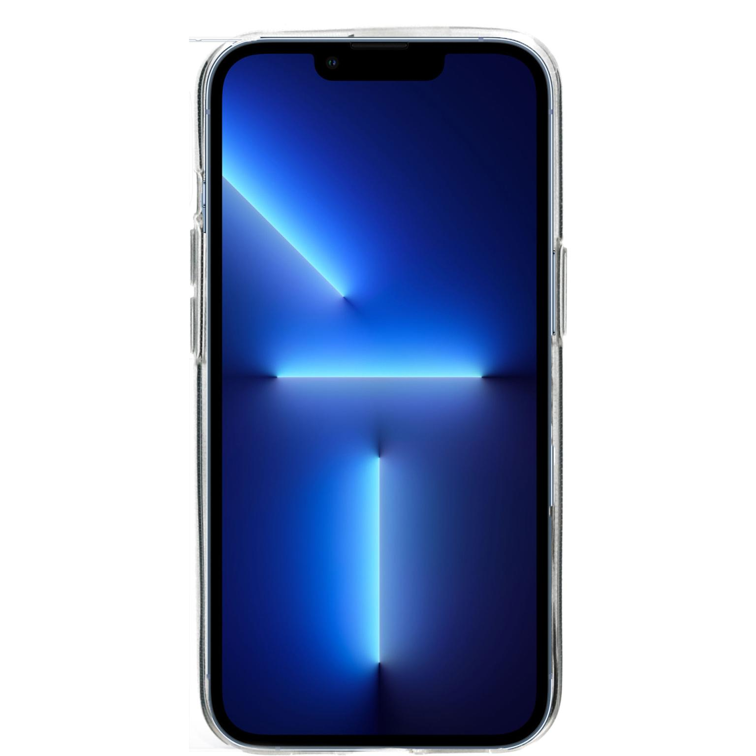 Phone screen displaying a blue gradient. Clear phone case. Background is white.