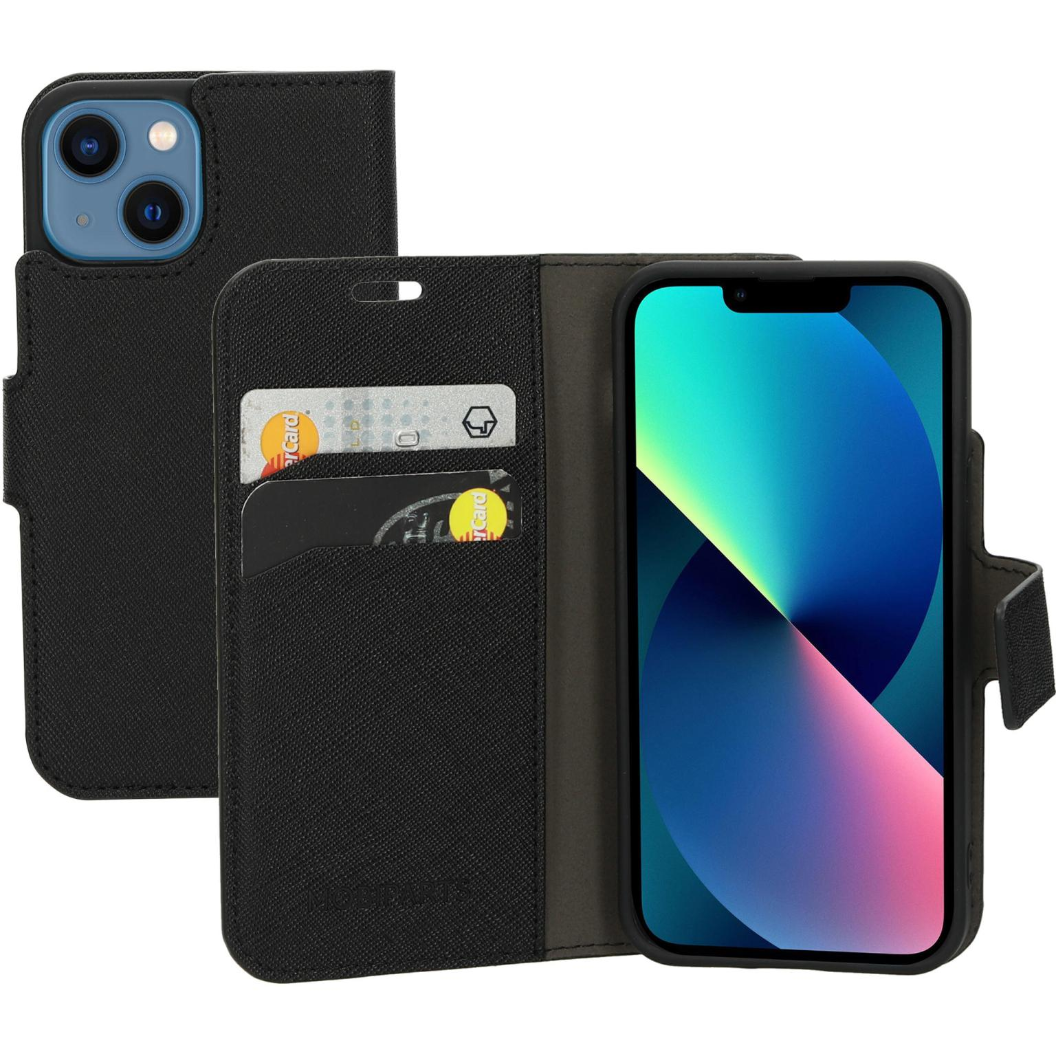 Zwarte telefoonhoes, open, met een telefoon en kaarten erin. De hoes is verticaal.