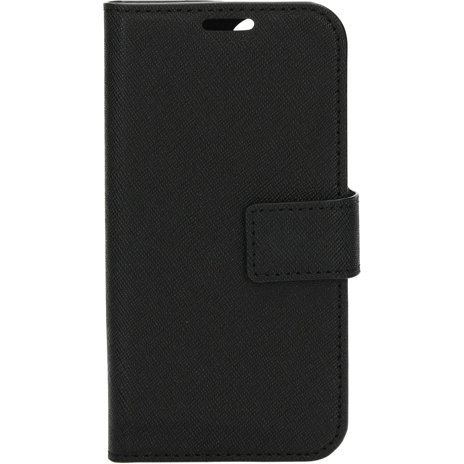 Zwarte leren telefoonhoes, gesloten. De hoes heeft een knoopsluiting en een gestructureerd oppervlak.