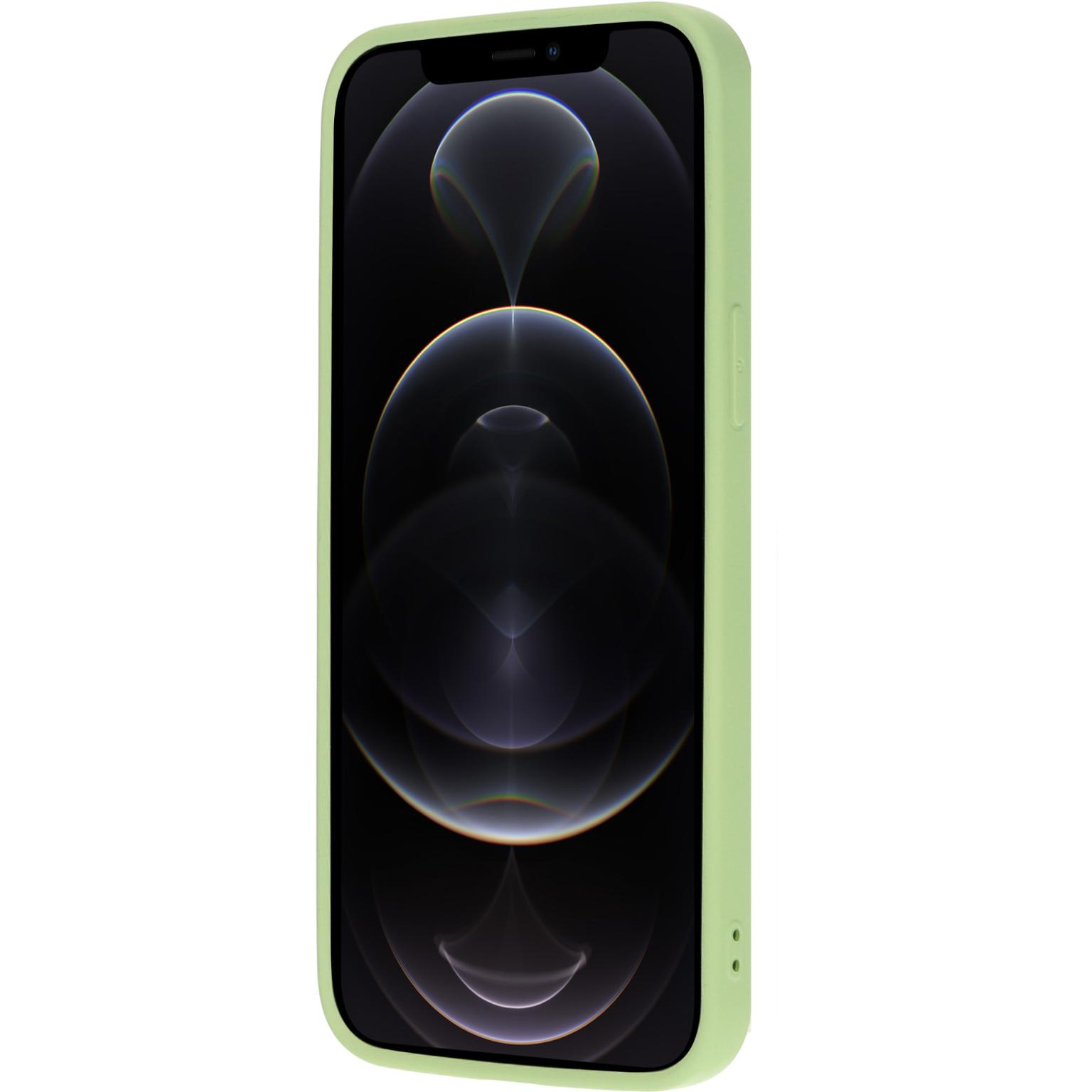 Green phone case with phone. Phone screen is on. The phone is a light green color.