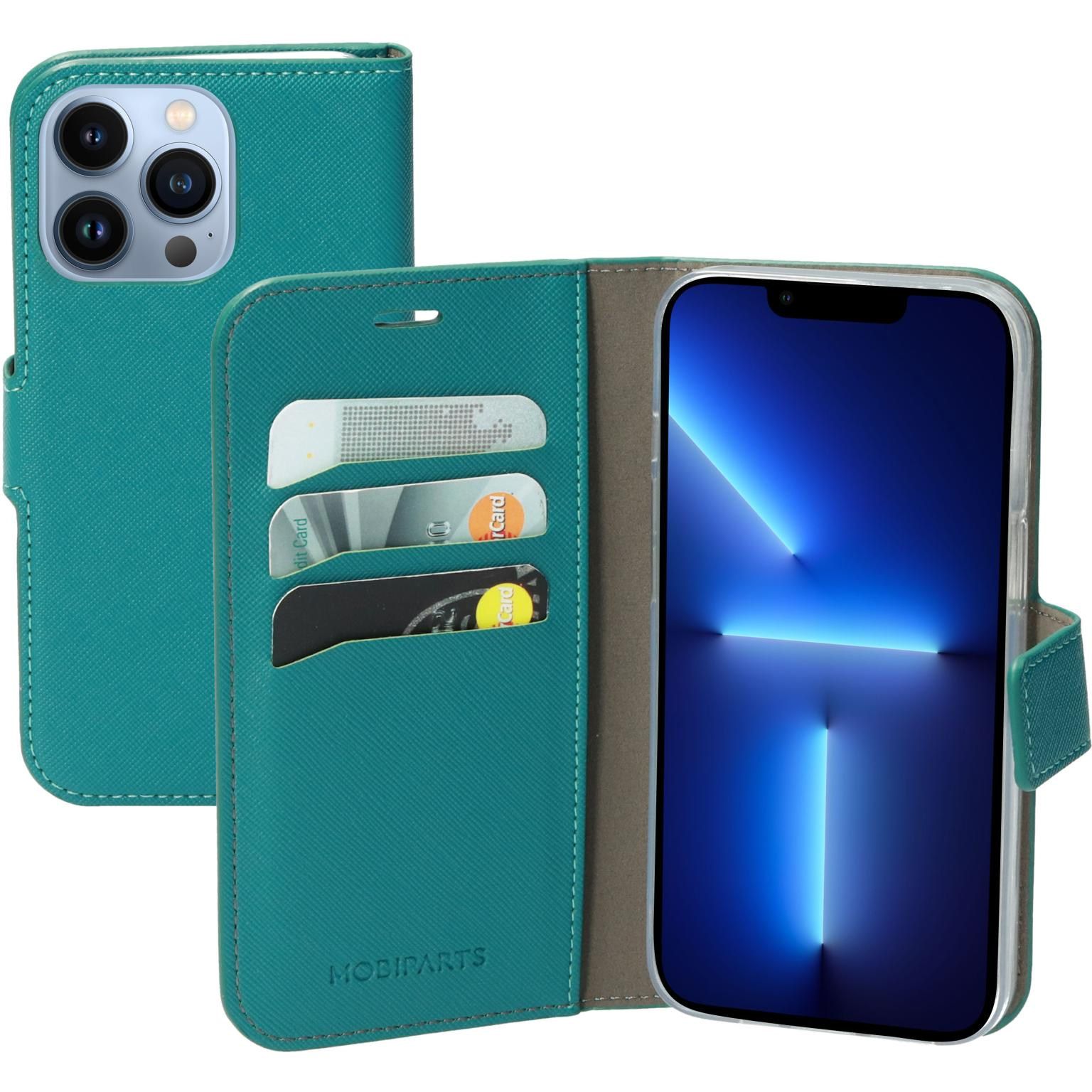 Teal telefoonhoes open met kaarten en telefoon erin. Heeft een magneetsluiting.