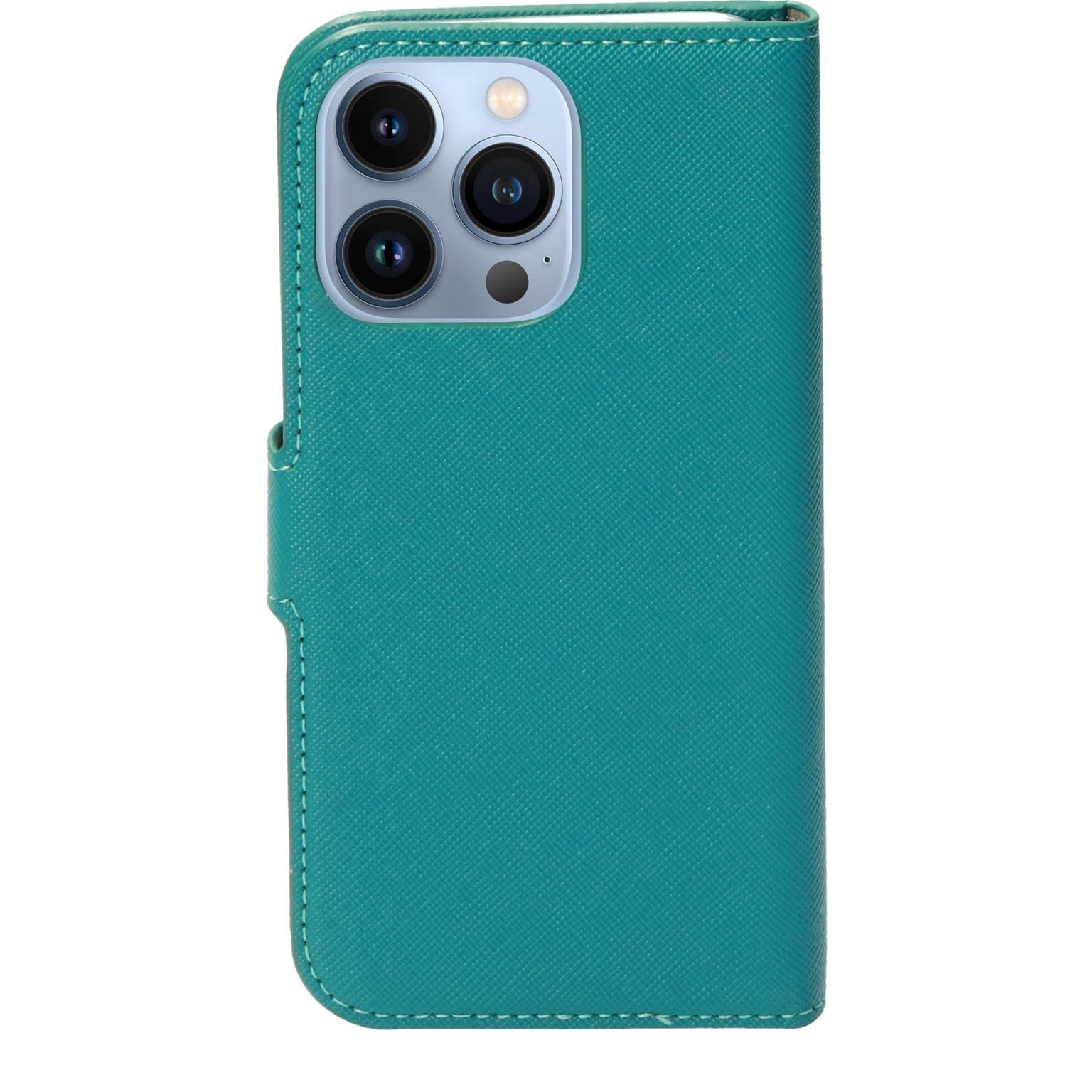 Teal telefoonhoesje met zichtbare cameralenzen. Witte stiksels op de rand.