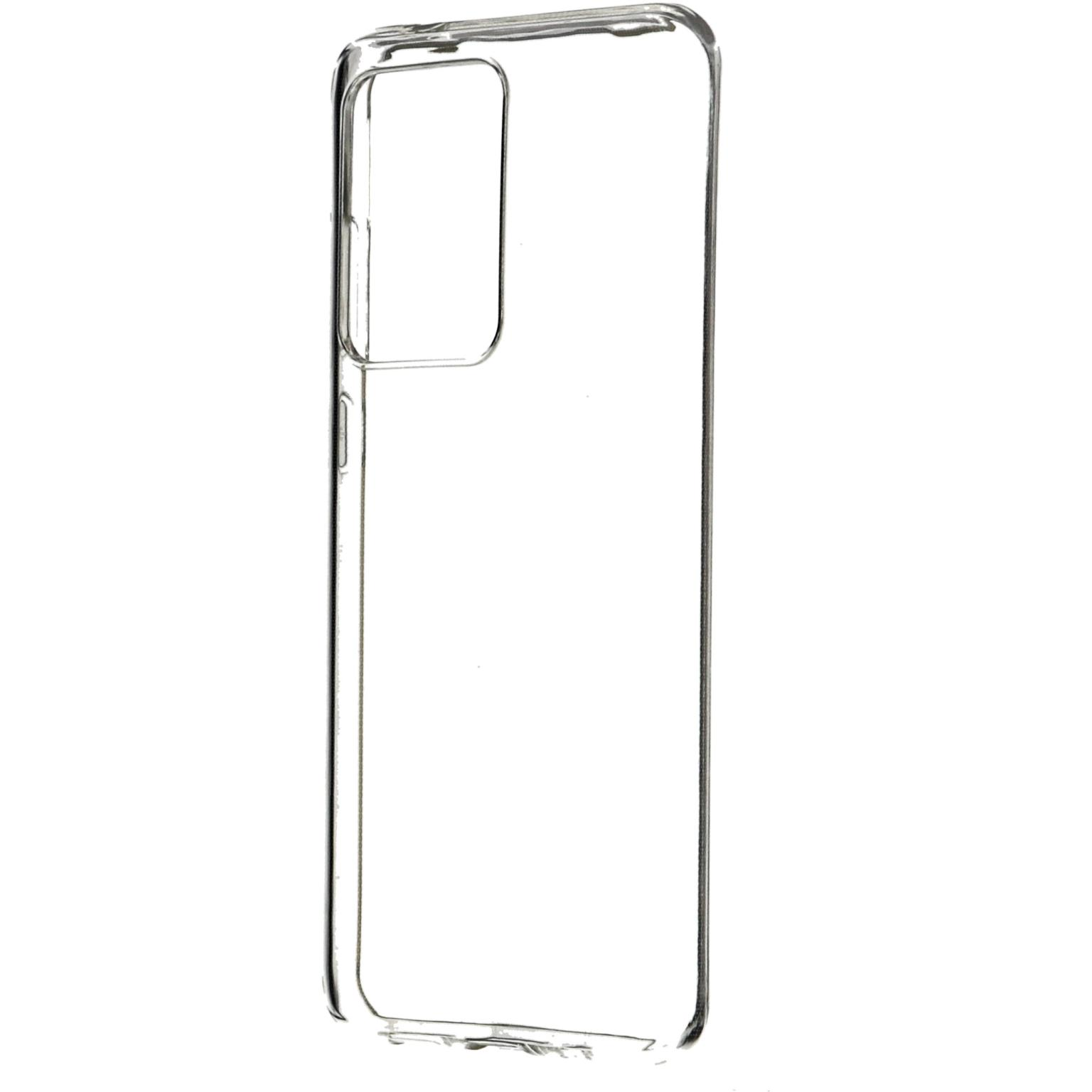 Een doorzichtig telefoonhoesje. Het hoesje is leeg en heeft een cameragat. Het heeft een gat voor de aan/uit-knop en volumeknoppen.