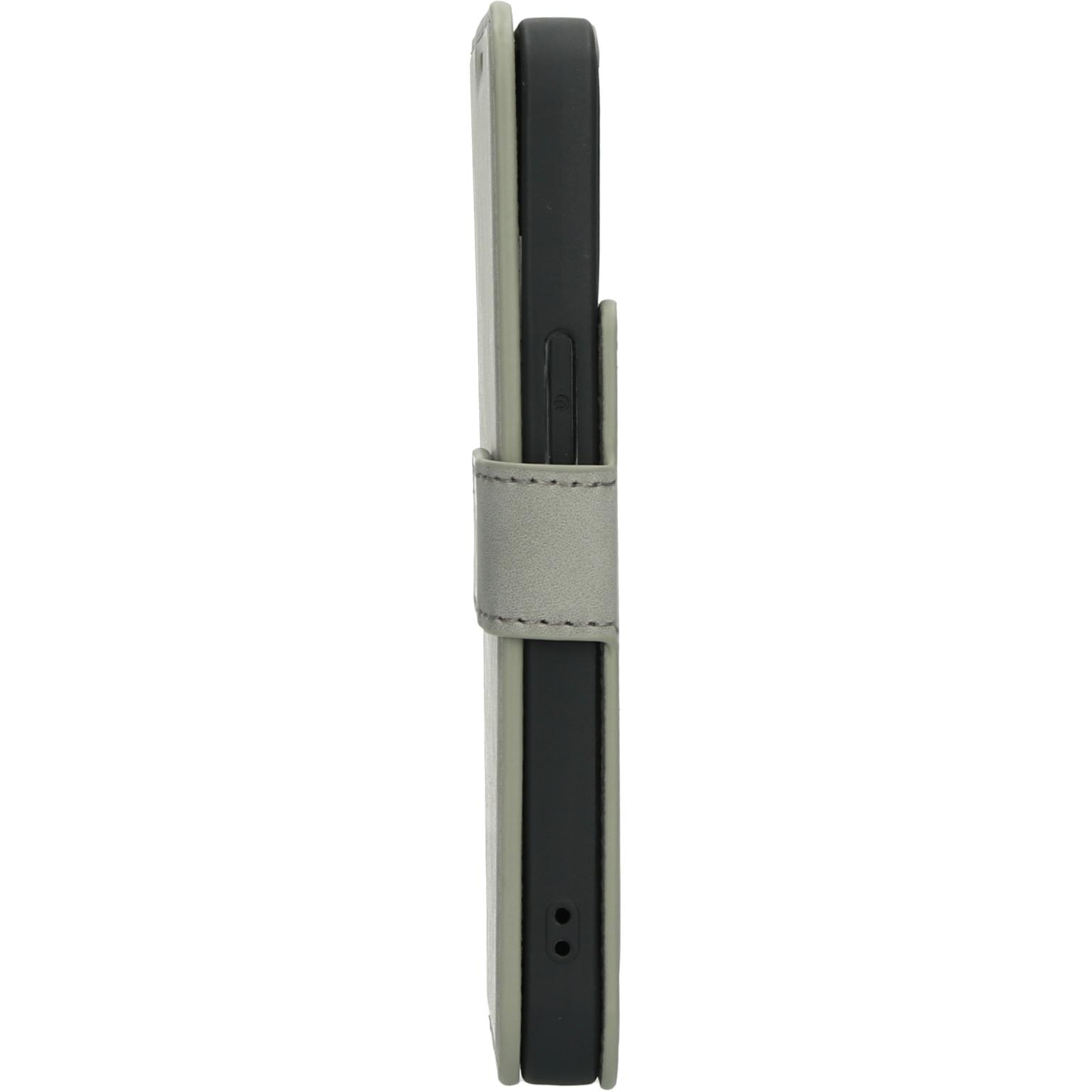 Een grijze telefoonhoes. De telefoonhoes is grijs en zwart, met een band om hem te sluiten.