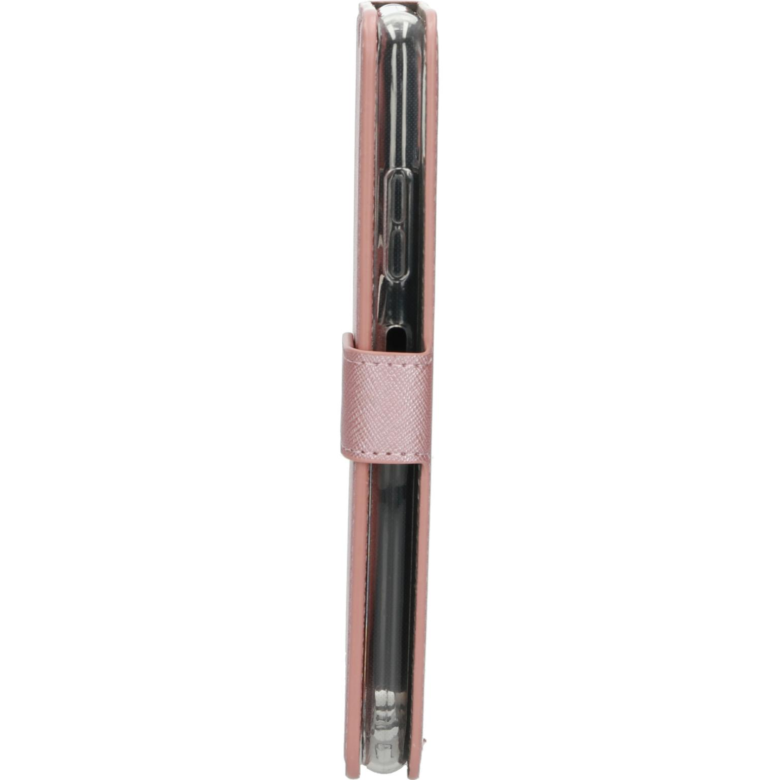 Roze telefoonhoes zijaanzicht, met riem. Witte achtergrond.