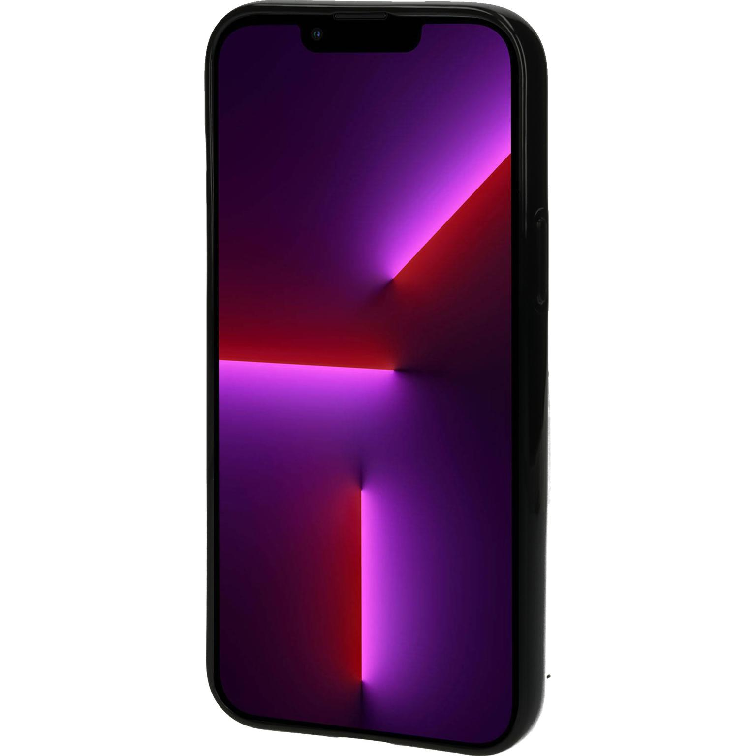 Black phone with a purple and red gradient display. The phone is in a black case.