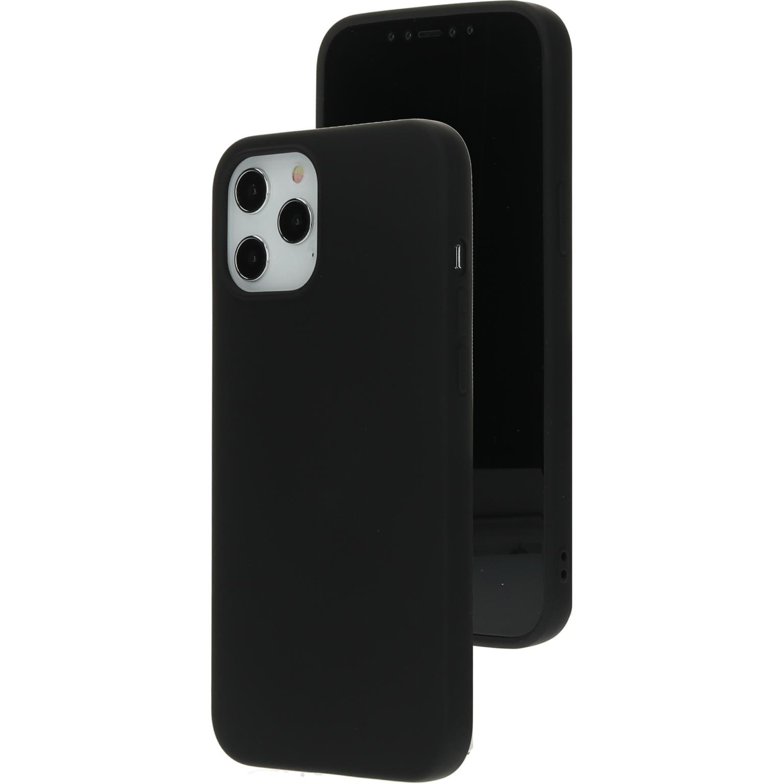 Two phones. One black phone is in a black case. The case is slightly off-white.