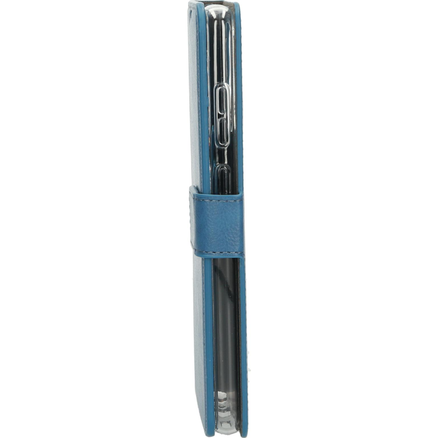 Blauwe telefoonhoes van de zijkant. De hoes is gesloten en heeft een magnetische flap.