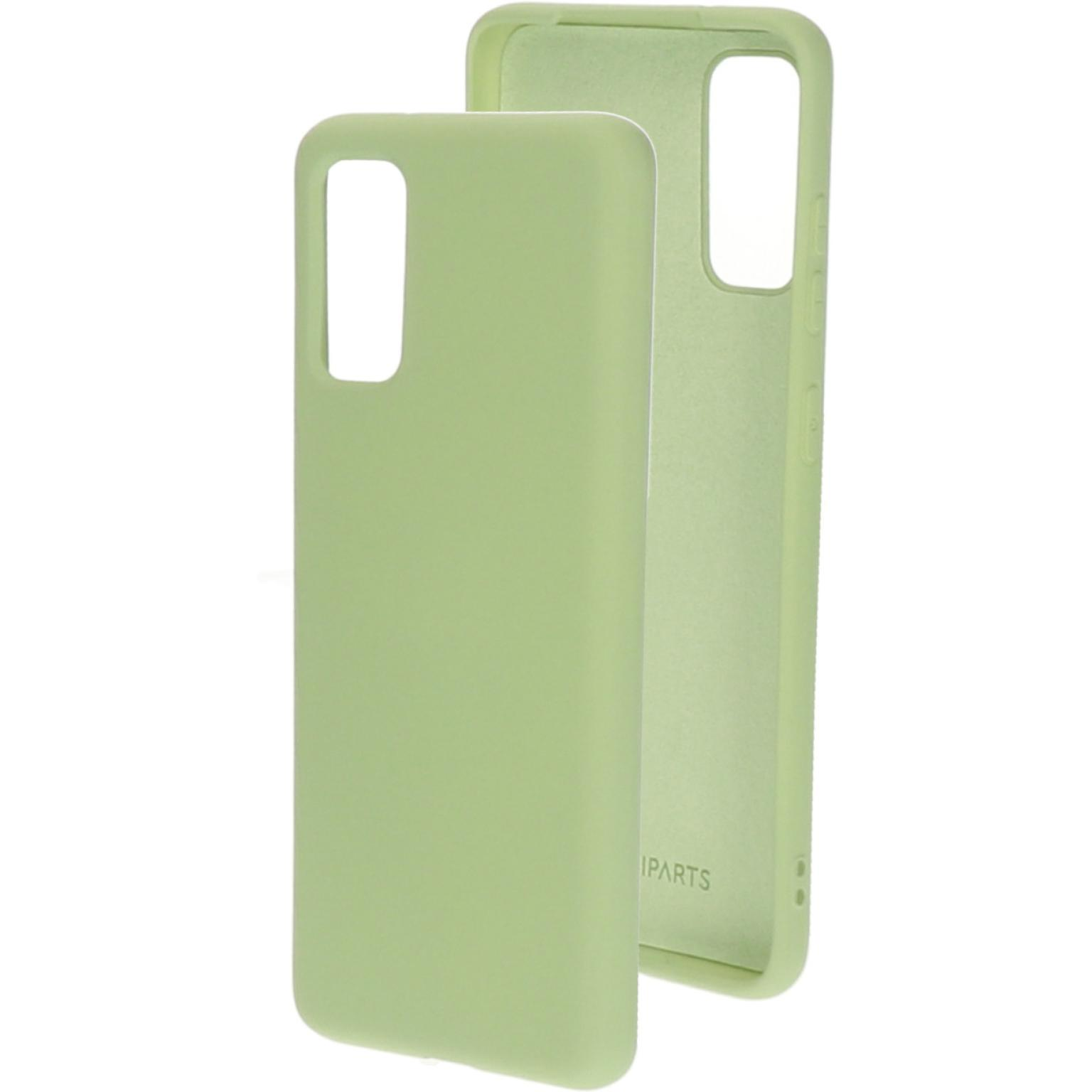 Twee lichtgroene telefoonhoesjes. Ze hebben uitsparingen voor camera en poorten. De achtergrond is wit.