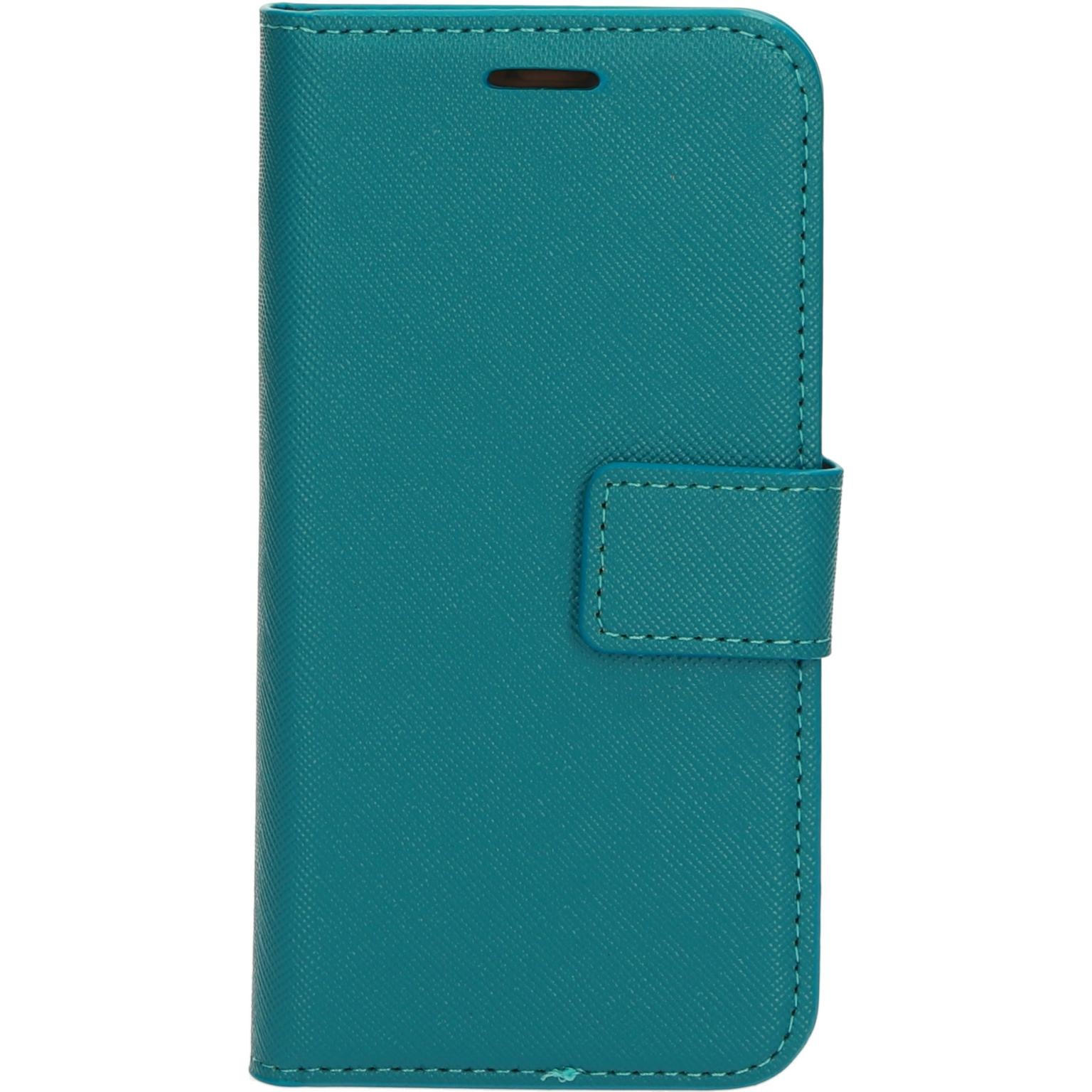 A teal phone case, closed, with a magnetic clasp. The cover has a textured finish.