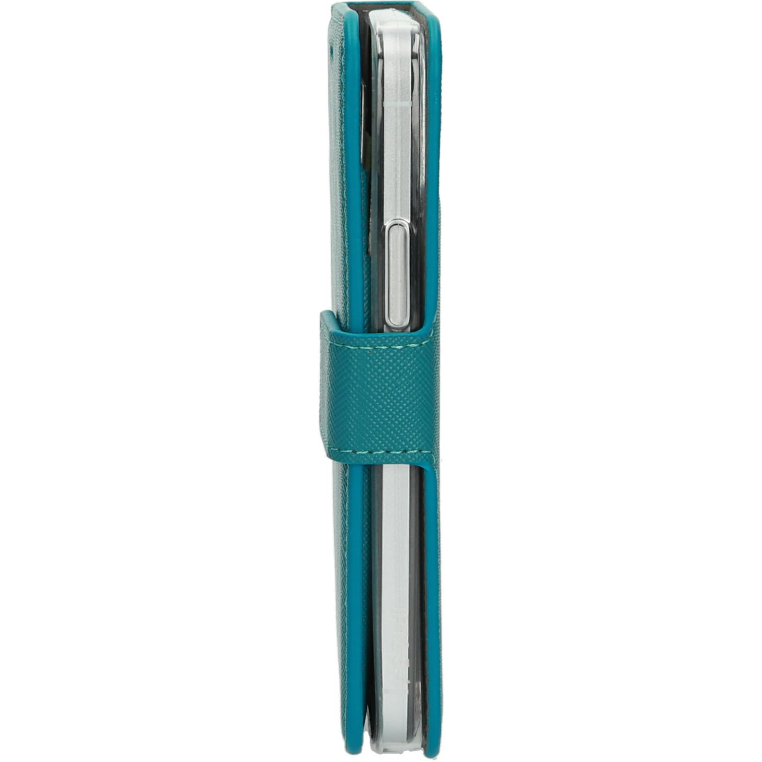 Teal phone case, side view, with a phone inside, closed. White background.