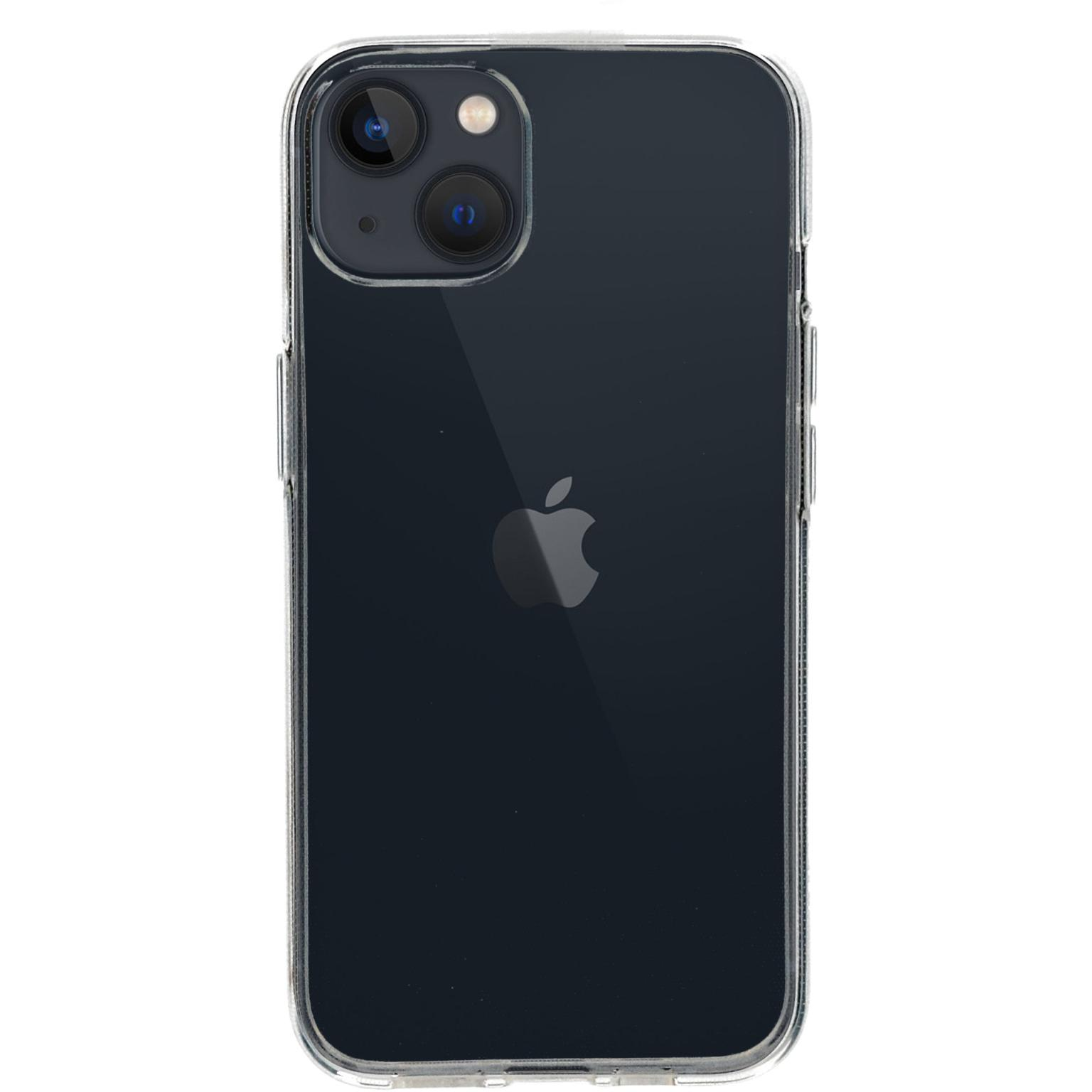 Black iPhone with a clear protective case. The back shows the Apple logo and cameras.