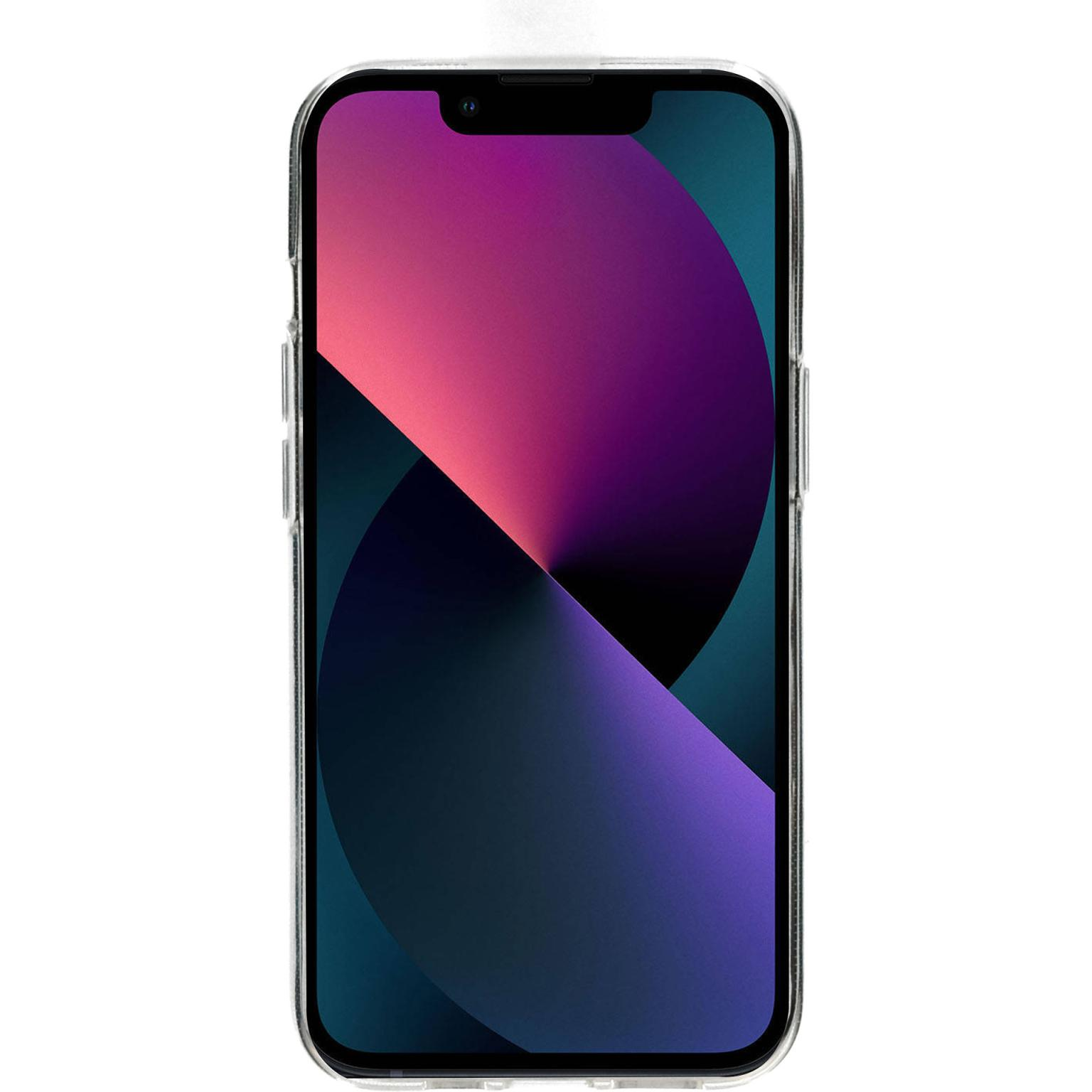 Phone in clear case, screen showing a pink and purple gradient.