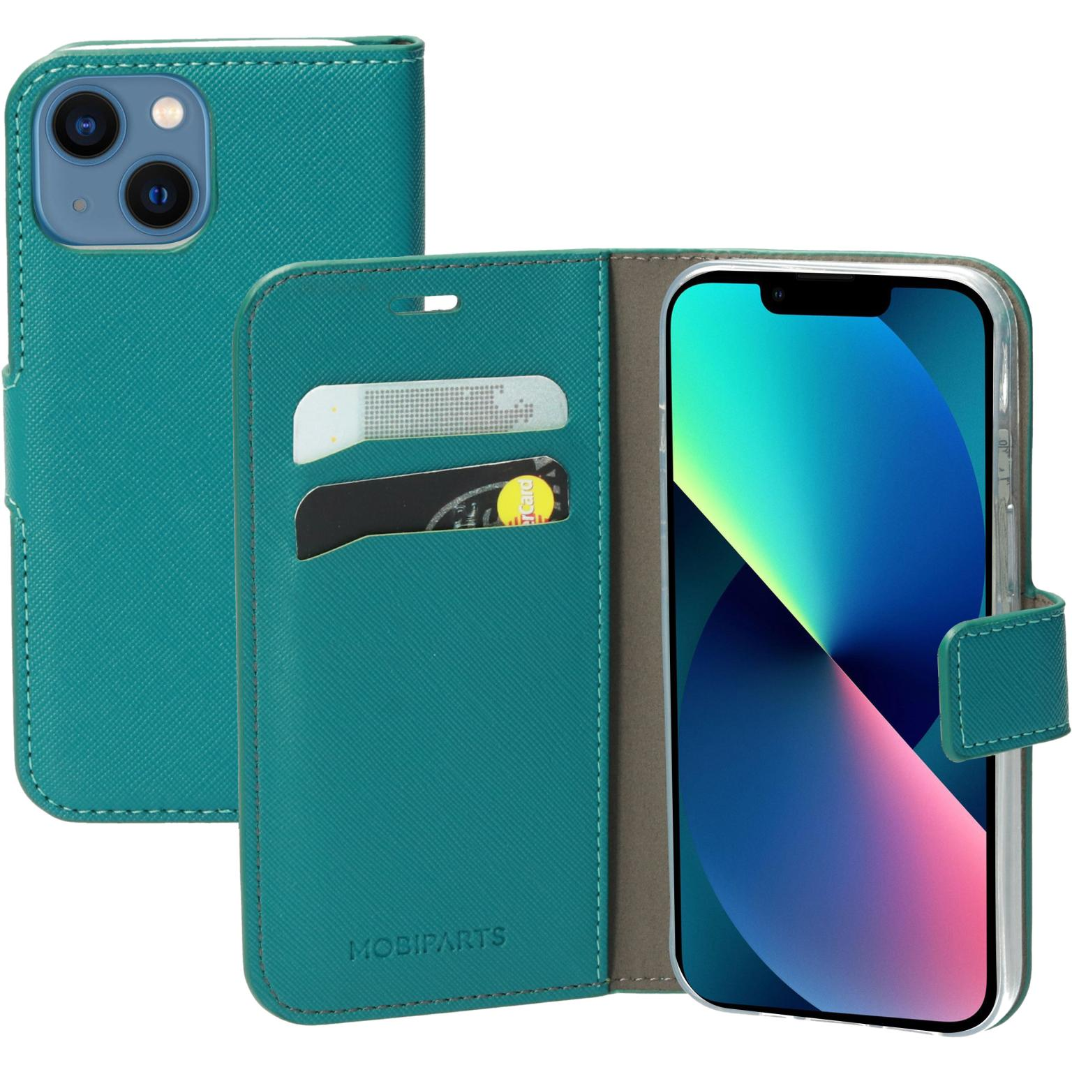 Petrol telefoonhoes. Open hoes toont telefoon en kaartsleuven. Zwarte kaarten zitten erin.