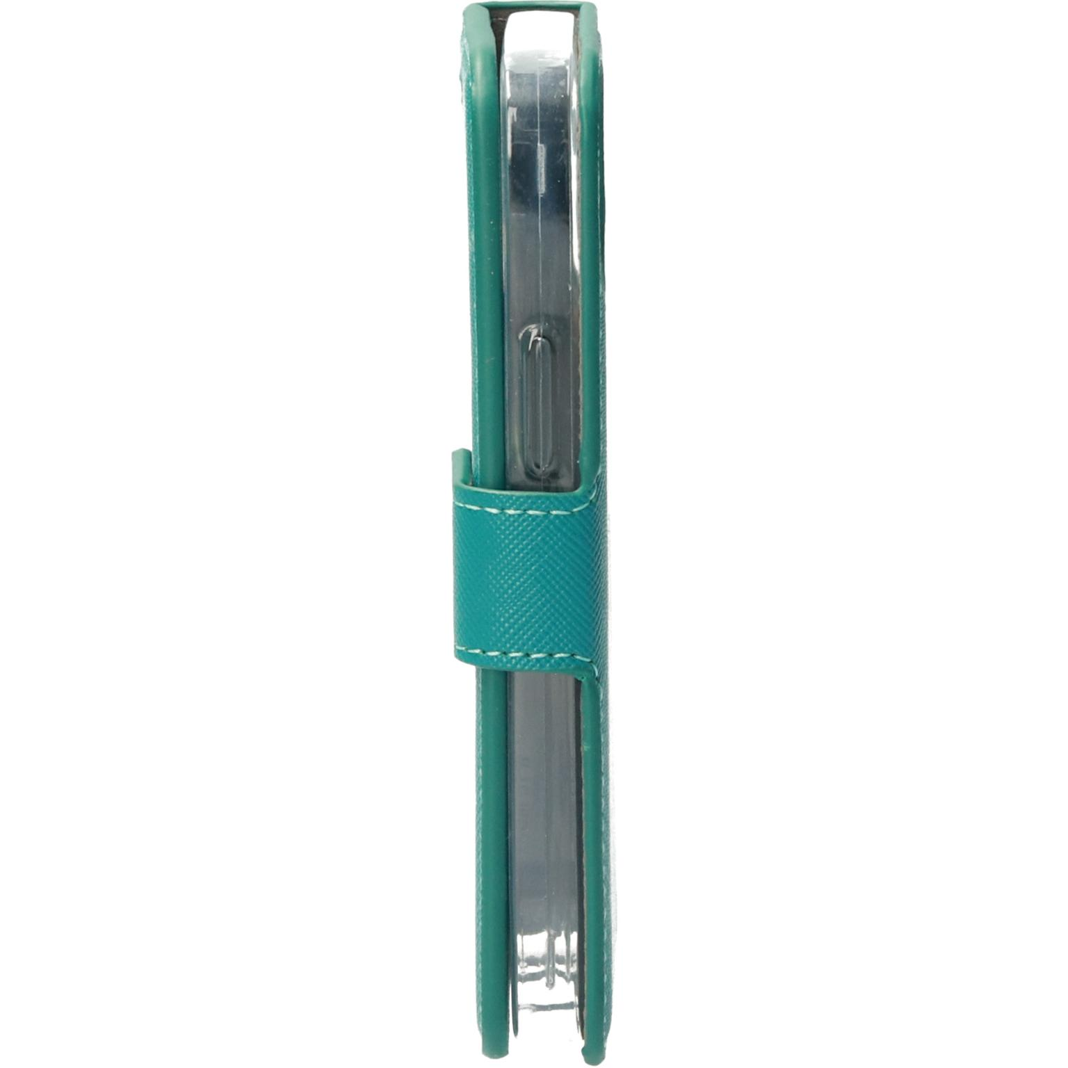 Blauwgroene telefoonhoes van de zijkant. Transparante telefoon binnenin, witte achtergrond.