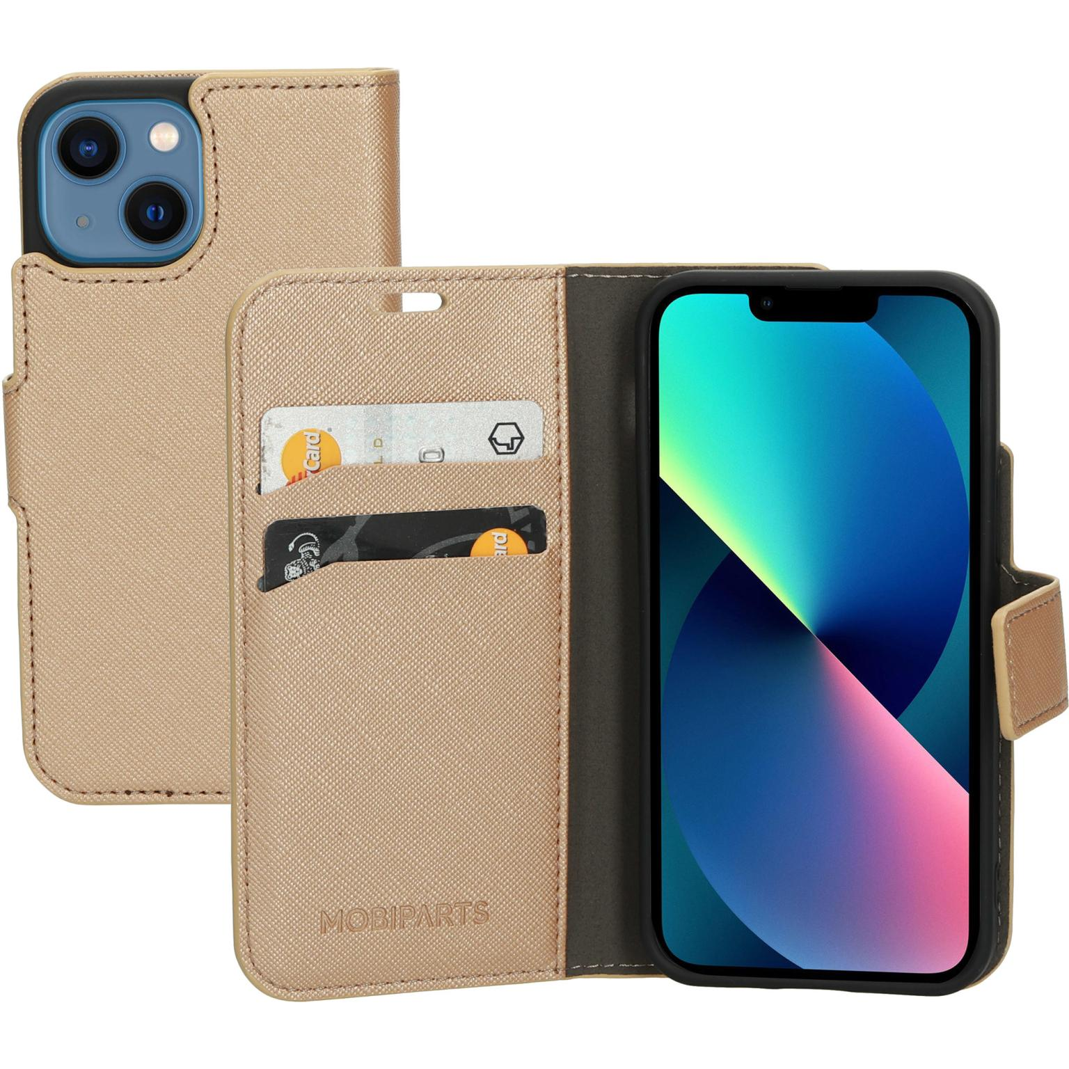 Gouden telefoonhoes met telefoon en kaarten. De telefoon heeft een kleurrijk scherm. De hoes is open.