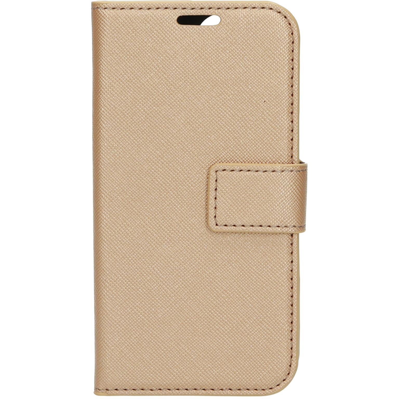 Gouden telefoonhoes. De telefoonhoes is gesloten. Het heeft een sluiting en stiksels.