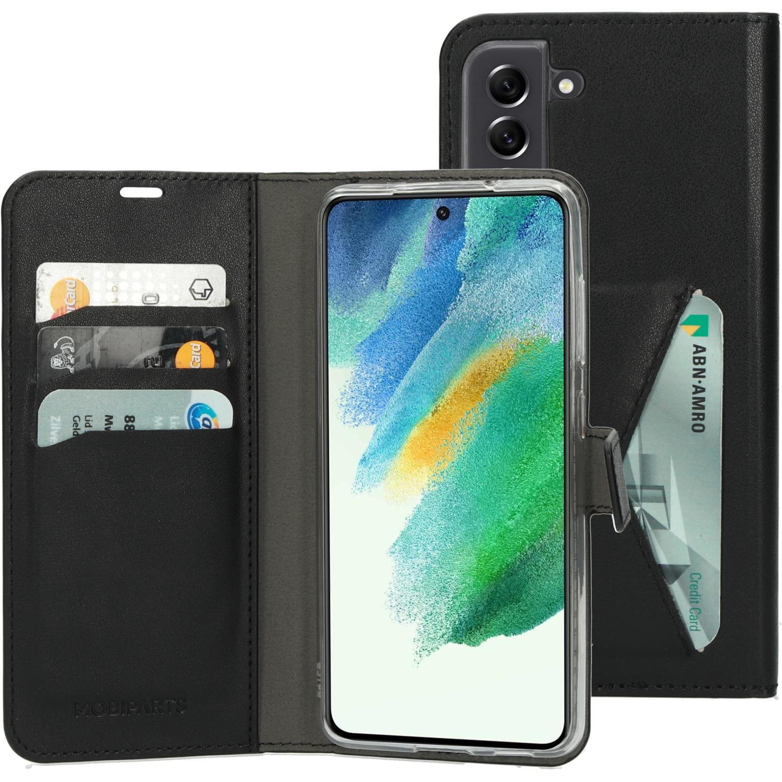 Black phone case with a phone and cards inside. The phone has a clear screen. The case is open.