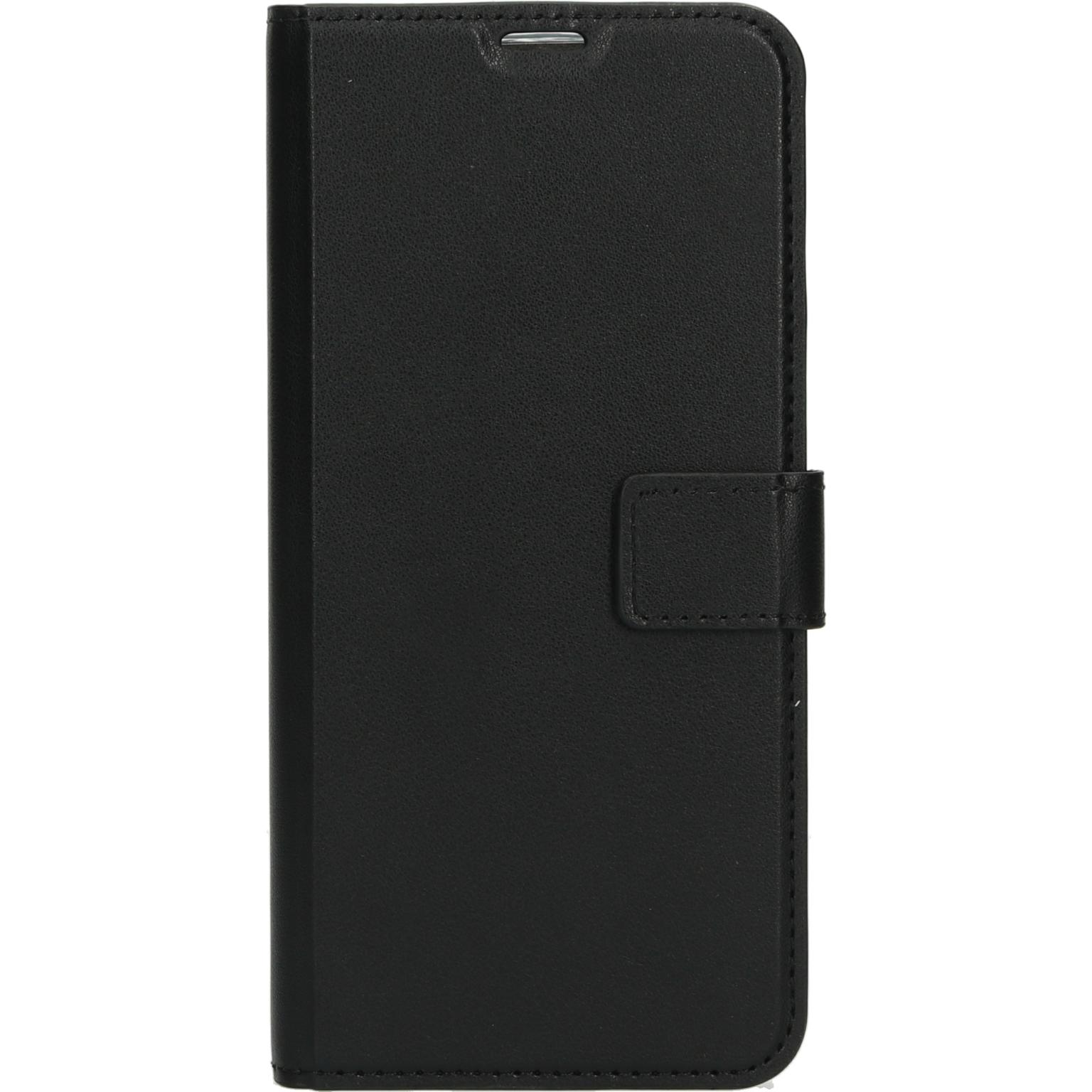 Black phone case closed with a clasp. Stitched edges.
