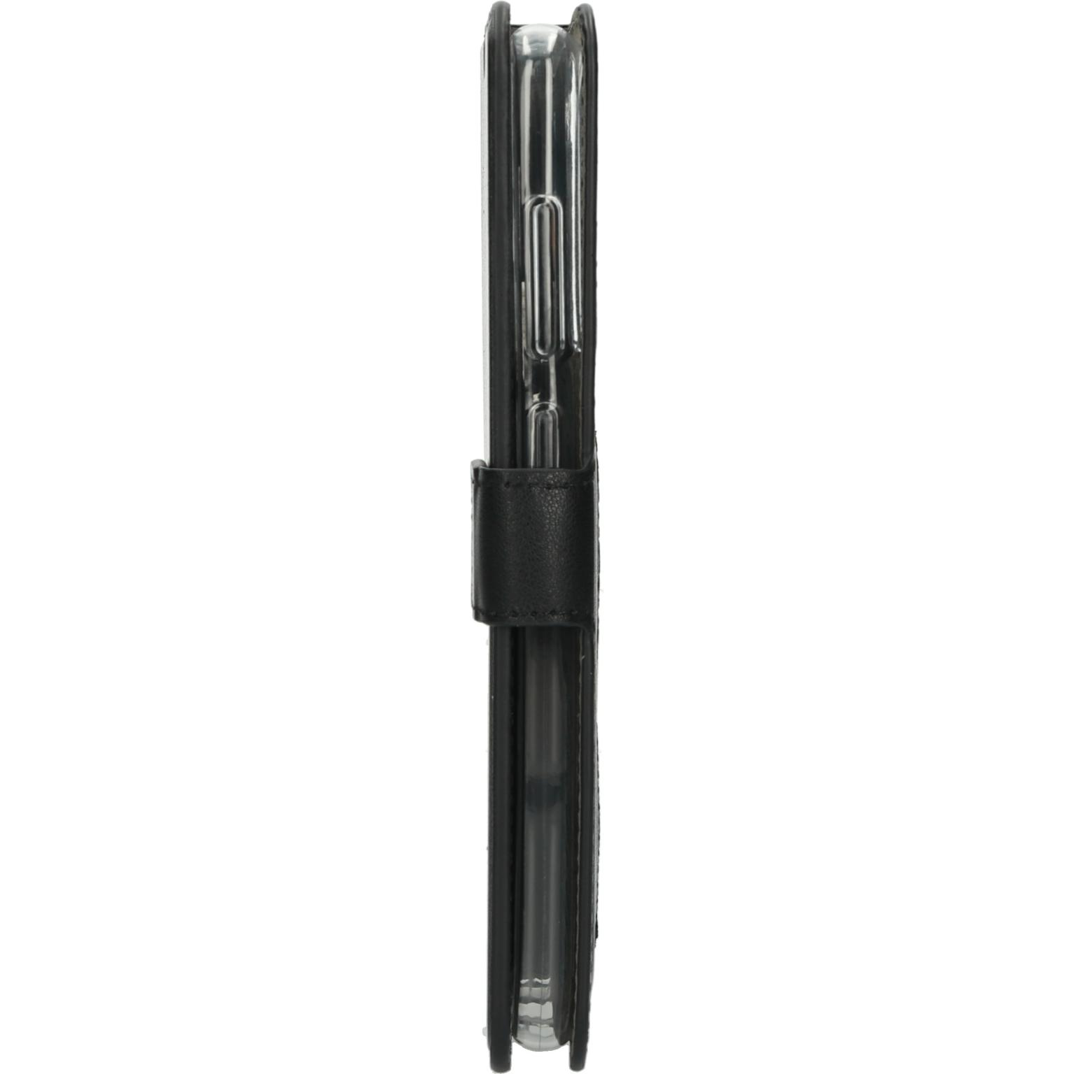 Black phone case side view. A clear phone is inside. A black strap is visible.