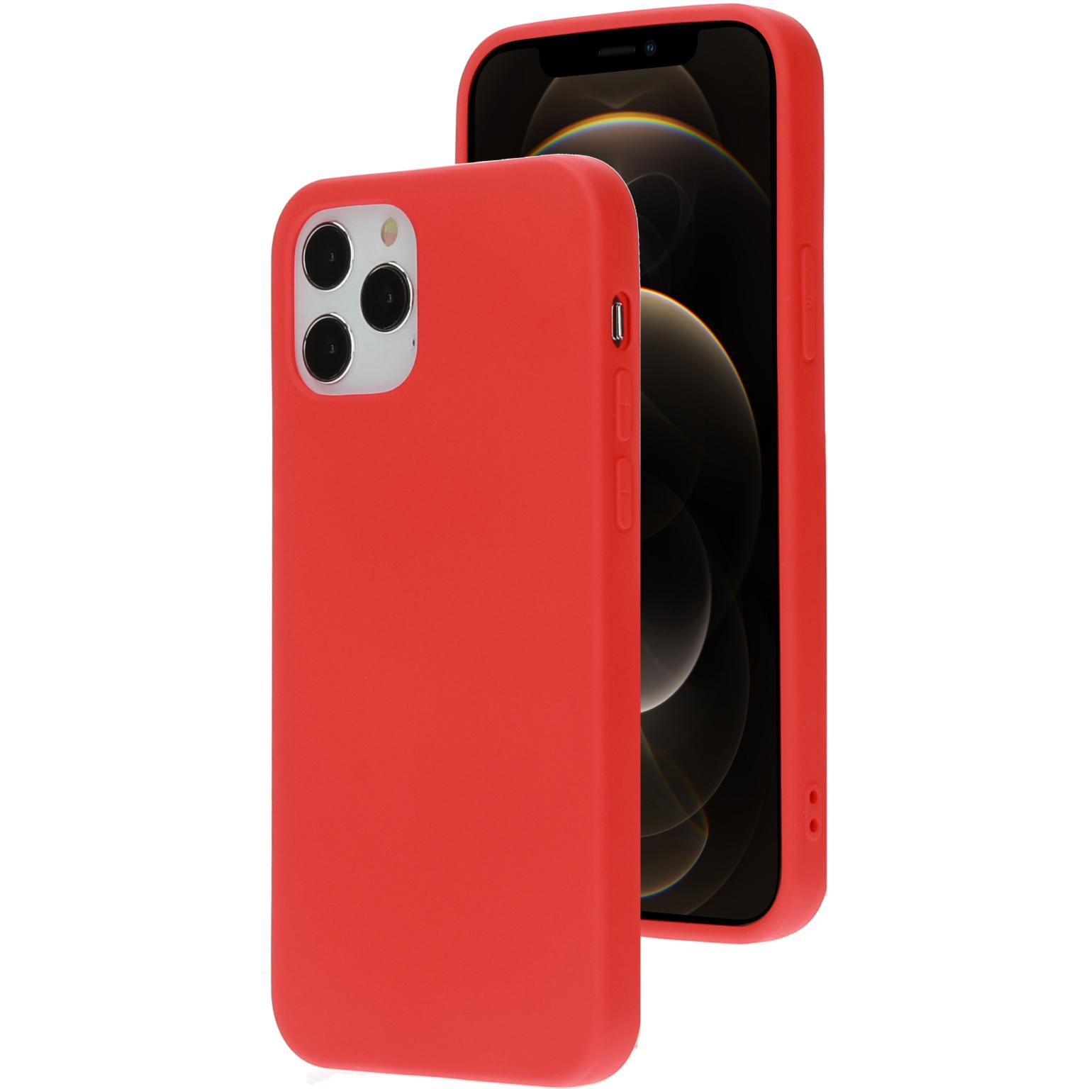 Red phone case with a phone inside. The case is on the left, phone on the right. White background.