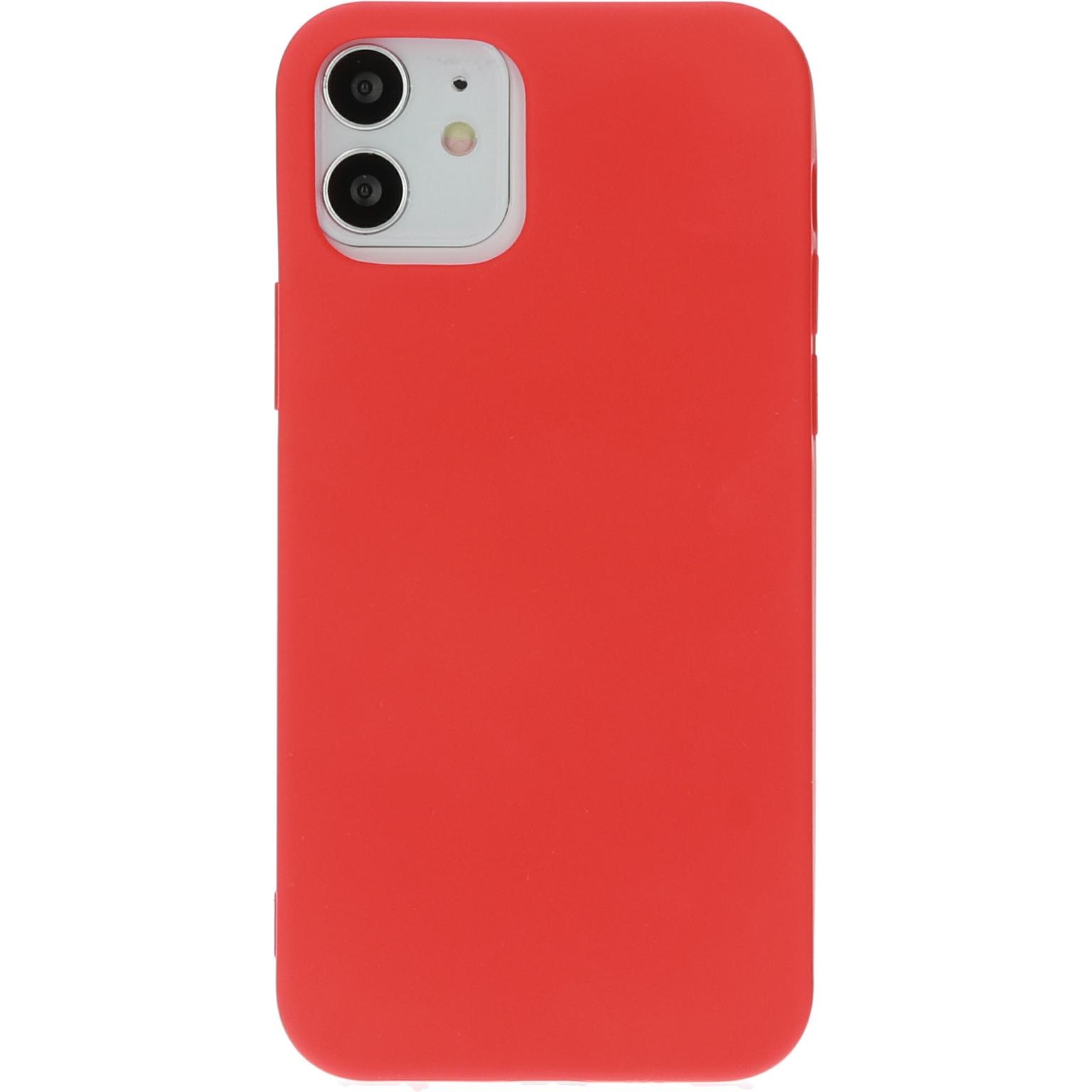 Red phone case, back view, with camera. White background.