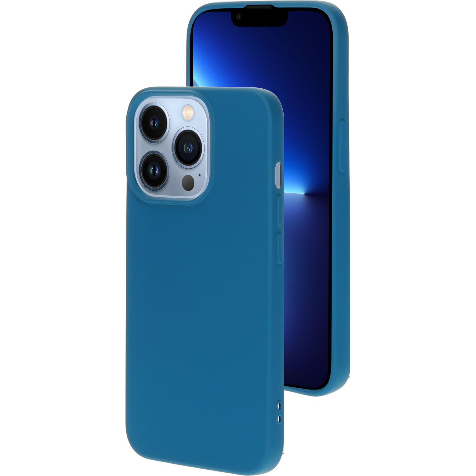 Een blauwe telefoon en hoes, de telefoon toont een beginscherm.