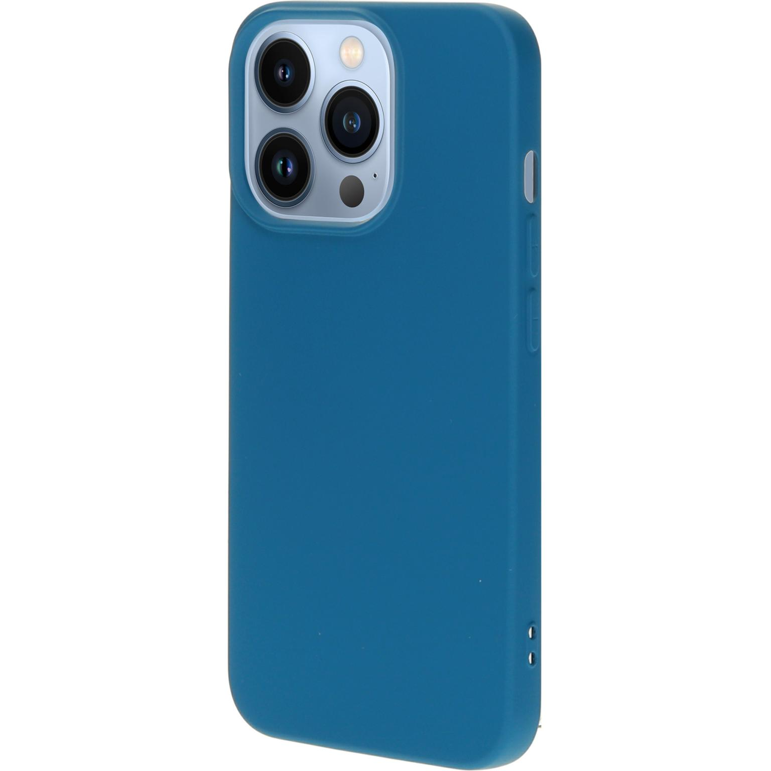 Blauwe telefoonhoes. Heeft een camera-uitsparing. Knoppen zijn zichtbaar.